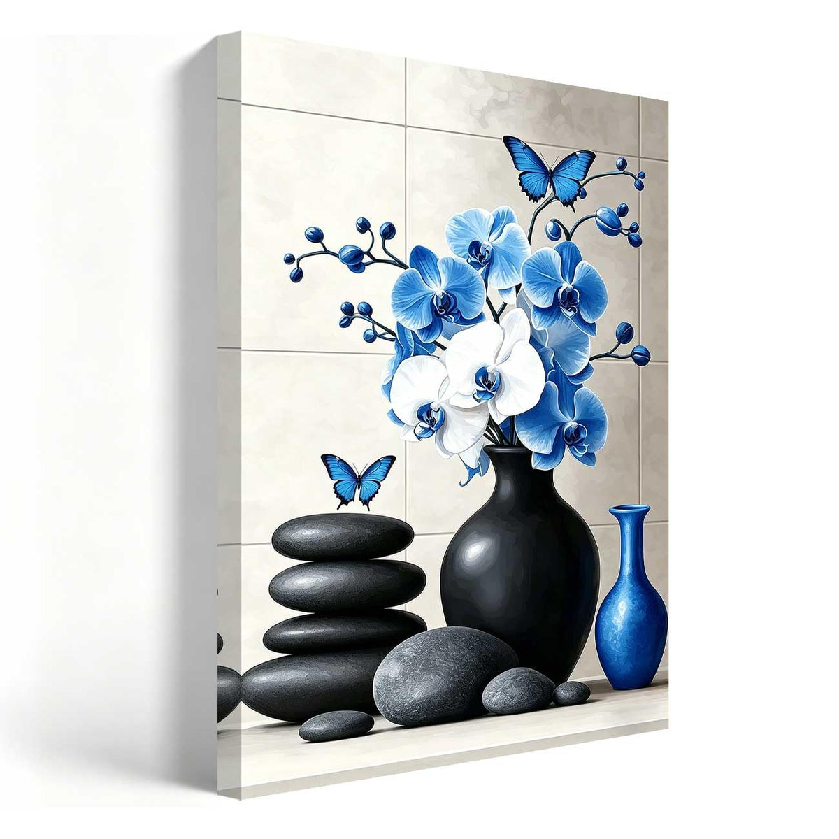 Orchid Flower Canvas Wall Art Zen Bathroom Pictures Prints Spa Stone Butterfly Wall Decor Black White Yoga Meditation Paintings for Living Room Bedroom (Blue / 20"L x 16"W)