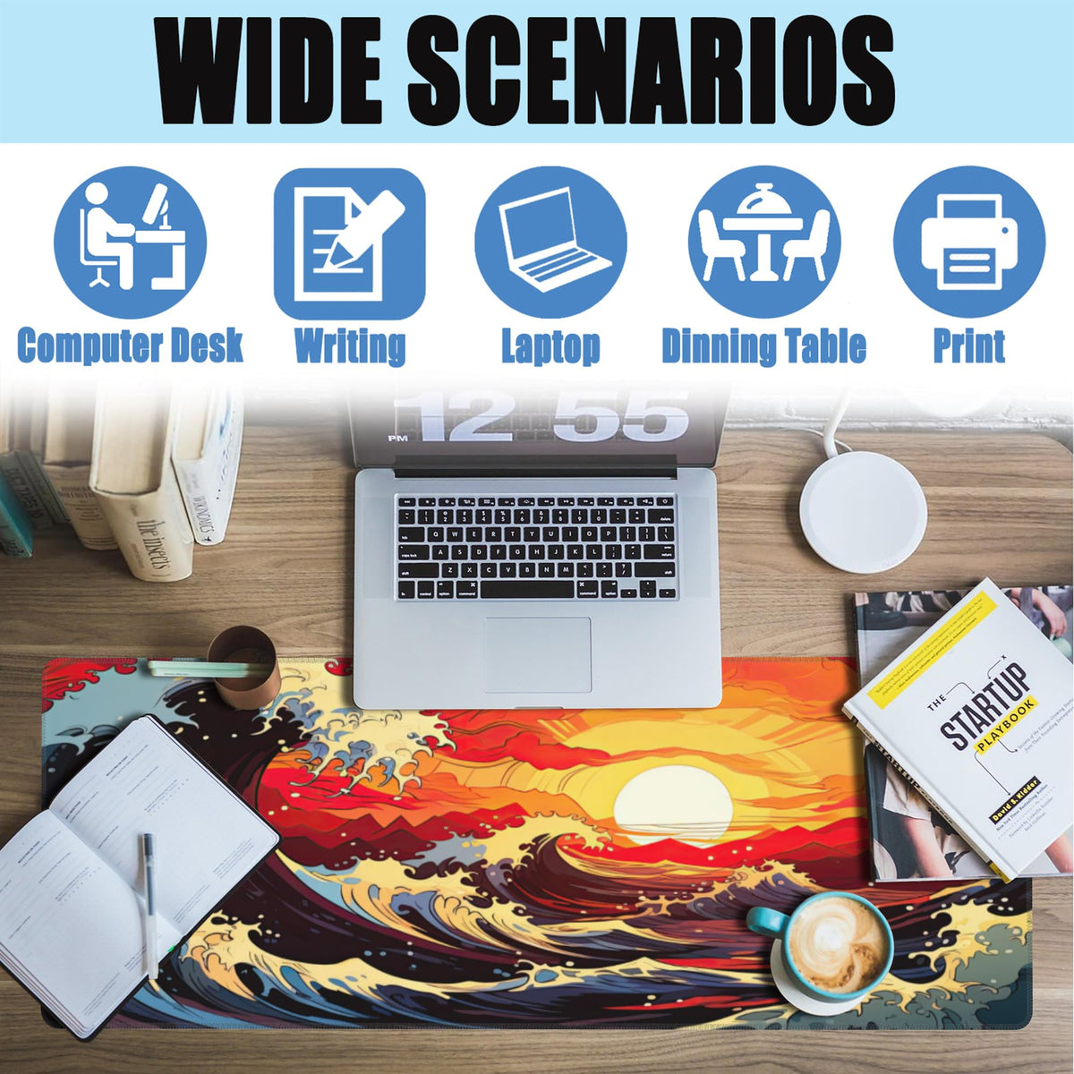 Large Gaming Mouse Pad for Desk (11.8" x 31.5" / Ocean Waves at Sunset)