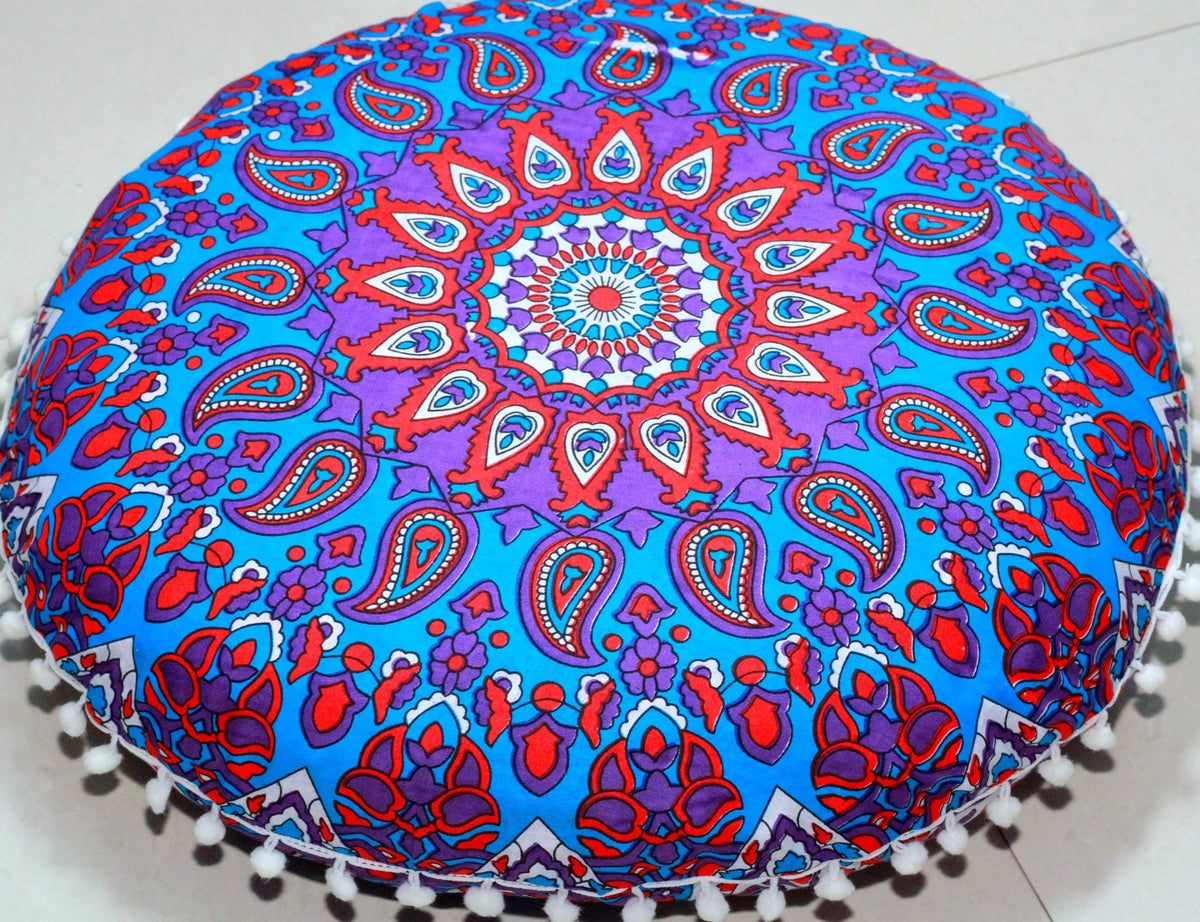 Round Mandala Floor Pillow Cover Seating Cushion Throw Cover Ottoman Pouf Cover Pom Pom Pillow Cases Hippie Decorative Bohemian Boho Indian 22 Inches (Purple Blue)