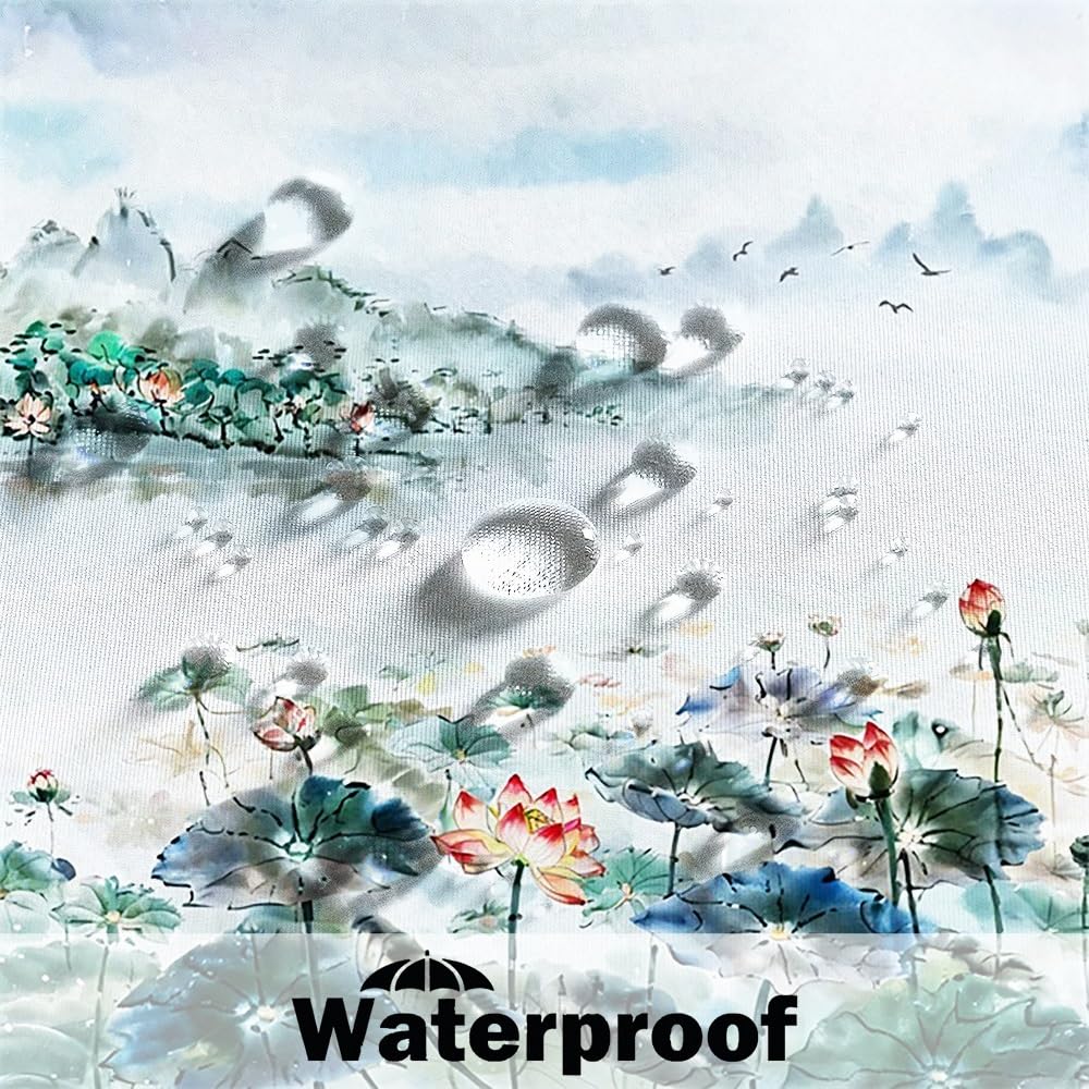 Watercolor Lotus Shower Curtain Flower Plant Mountain River Wild Goose Bathroom Curtains Chinese Pastoral Landscape Ink Painting Lotus Green Decorative Fabric Shower Curtain Set with Hooks 65x72 Inch (65"W x 72"L (Pack of 1) / Green-12)