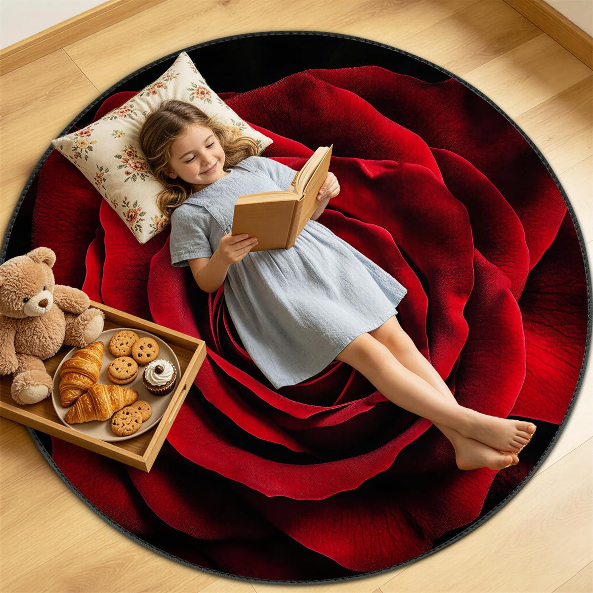 4ft Round Area Rug (Red Rose / 4' (Round))