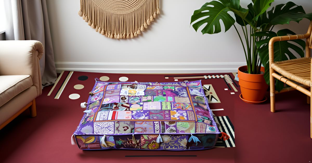 Handmade Square Purple Patchwork Pouf Cover 35 Inch Ottoman Cover Embroidered Cotton Floor Cushion Cover Bohemian Indian Decorative Floor Pillow Meditation Cushion for Living Room Bedroom (35"D x 35"W x 5"H / Purple)