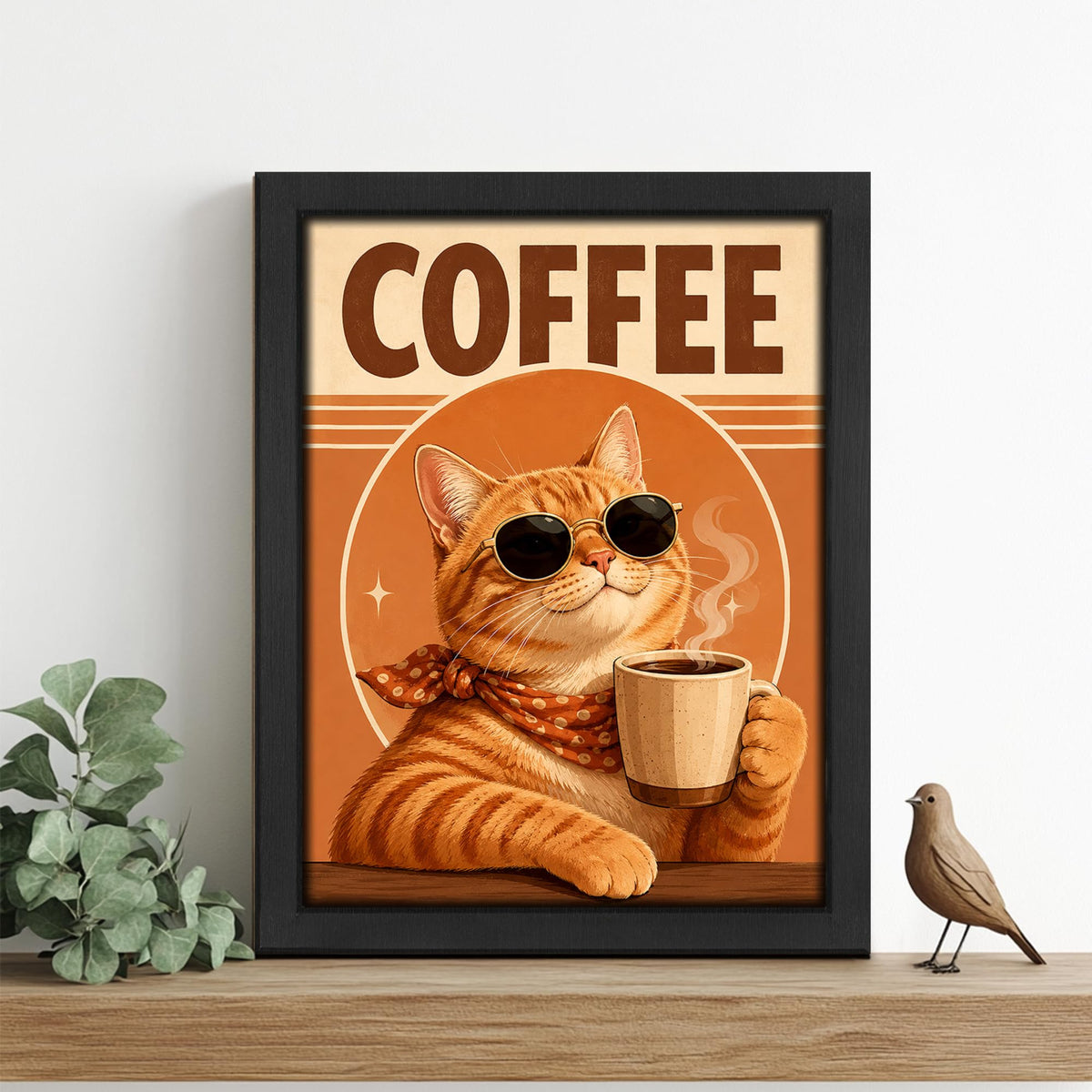 Funny Coffee Cat Decor Wall Art (Wall Art Framed 51 / 10"L x 8"W)