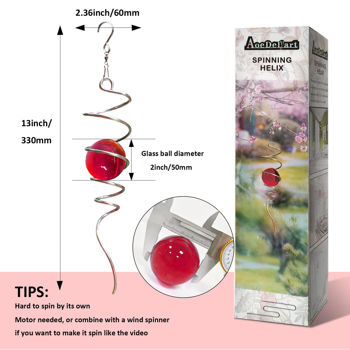 Gazing Ball Spiral Decorative Wind Spinner Stabilizer Sun Catcher 11inch Tail and 2 inch Glass Orb. Indoor Outdoor Garden Decoration Wind Sculptures Wind Spinner Tail (13in / 008-red)