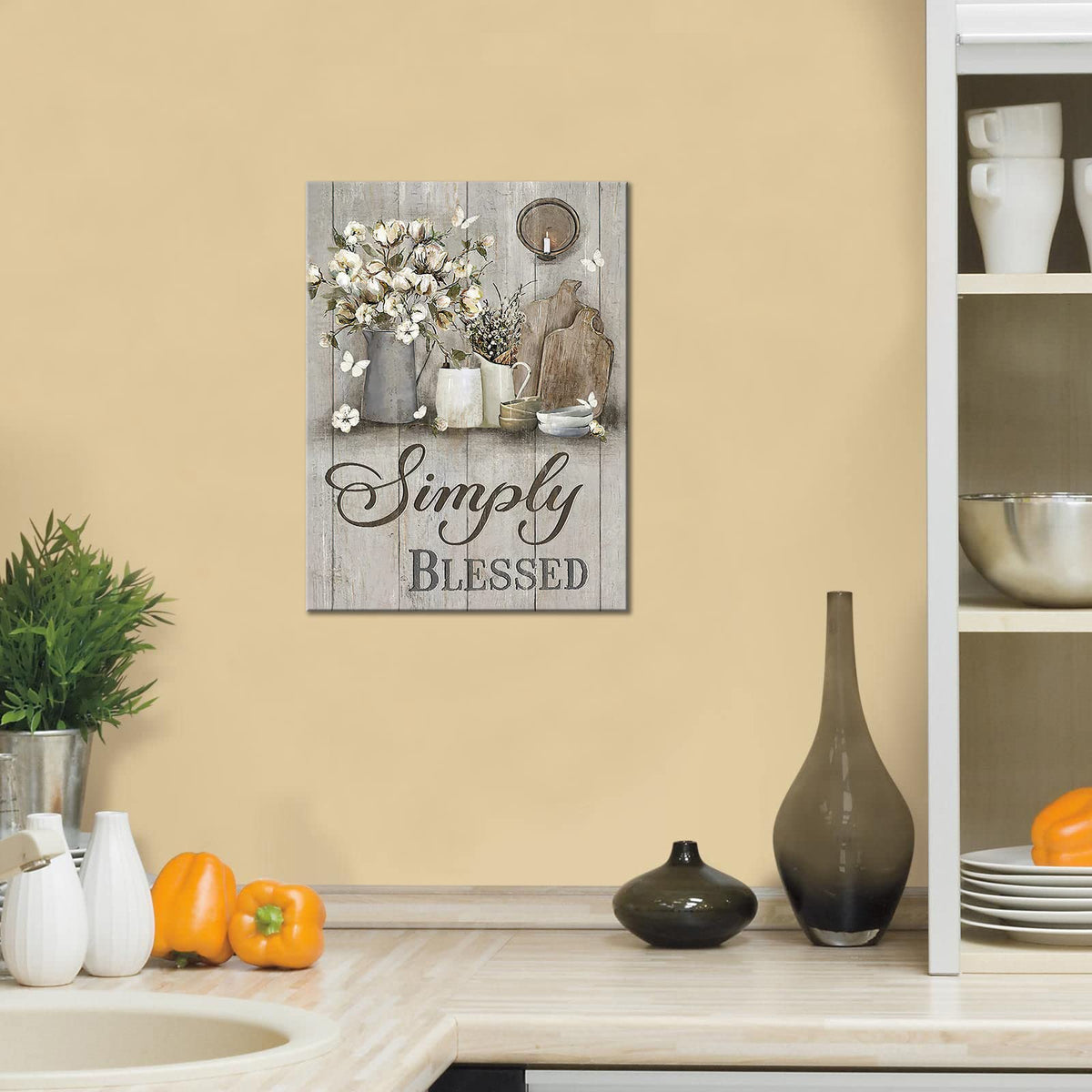 Farmhouse Kitchen Decor Wall Art Rustic Cotton Simply Blessed Christian Religion Pictures Wall Decor Canvas Painting Prints Artwork Home Decorations Framed for Kitchen Bedroom 12"x16" (Simlpy Blessed / 16"L x 12"W)