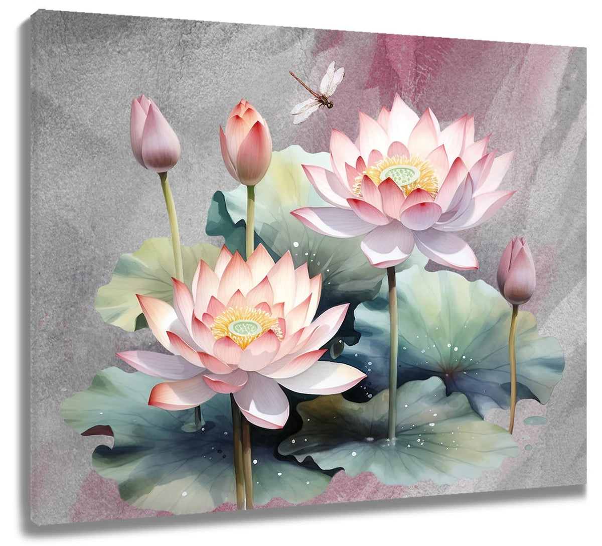 Zen Water Lily Canvas Wall Art for Bathroom Pink Floral and Green Leaf Plant Dragonfly Framed Wall Art Modern Spiritual Yoga Spa Pictures for Living Room Bedroom Home Wall Decor (Pink / 12"L x 12"W)