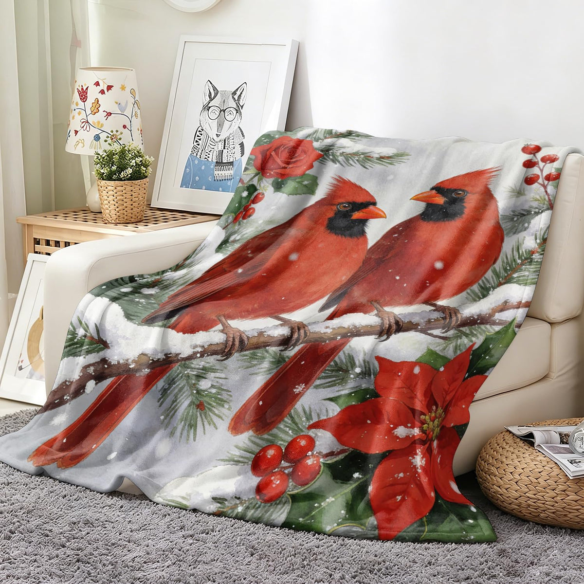 Cardinal Throw Blanket Vintage Christian Red Birds Cozy Flannel 60"X80" (Cardinals / 60"X80")