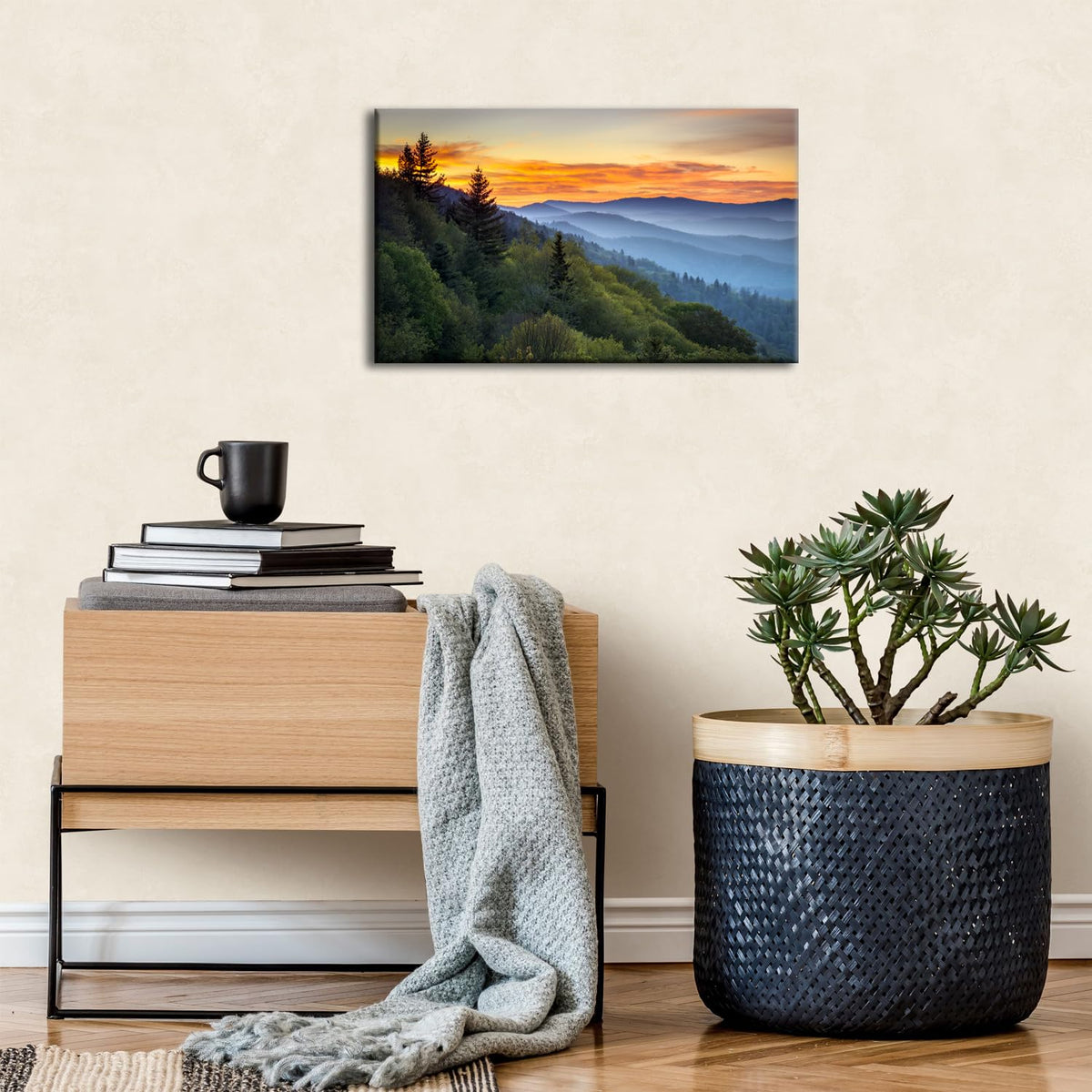 Great Smoky Mountains Wall Art Blue Ridge Mountain Sunset Landscape Canvas Print National Park Nature Forest North Carolina Scenery Artwork for Living Room Bedroom Office Home Decorations Framed 12x16 (16"L x 12"W / Great Smoky Mountain)