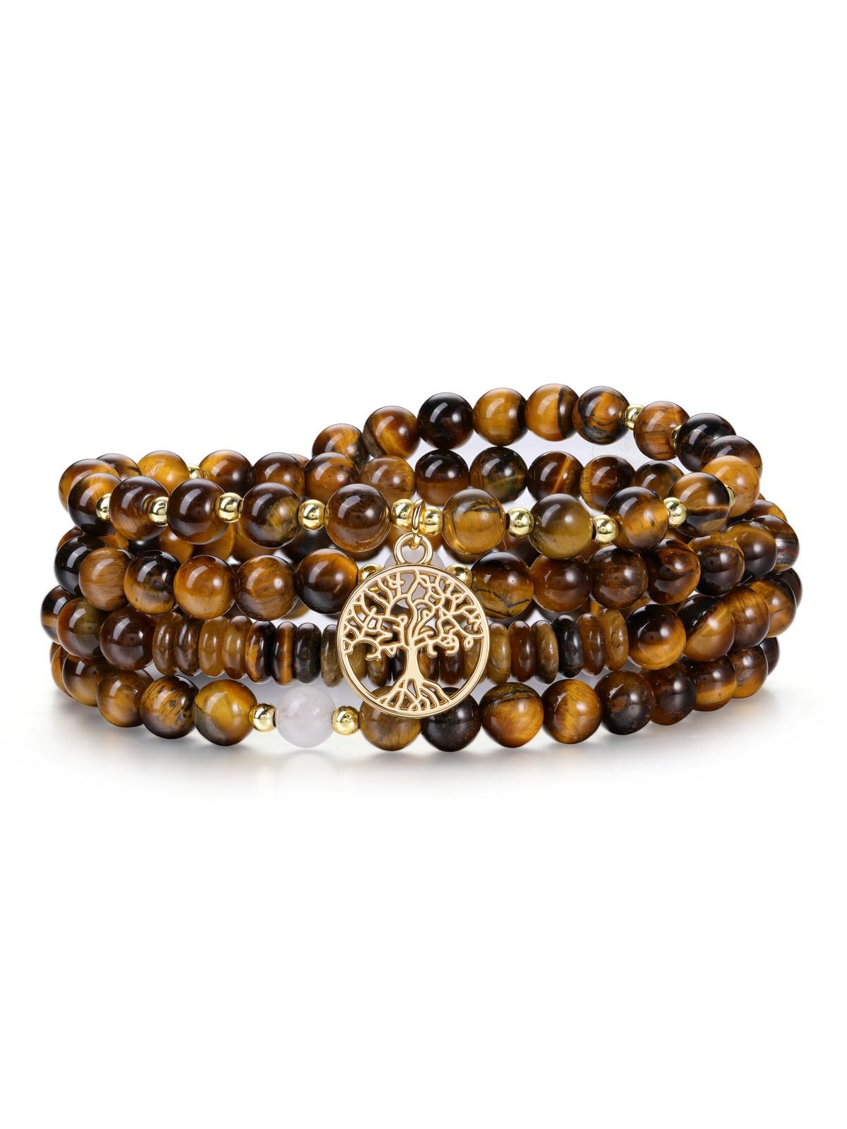 Tiger Eye Prayer Beads Bracelet Long Beaded Necklace Natural Gemstone 108 Mala Beads Tree Life Yoga Meditation Bracelet Necklace (Tiger Eye Stone)