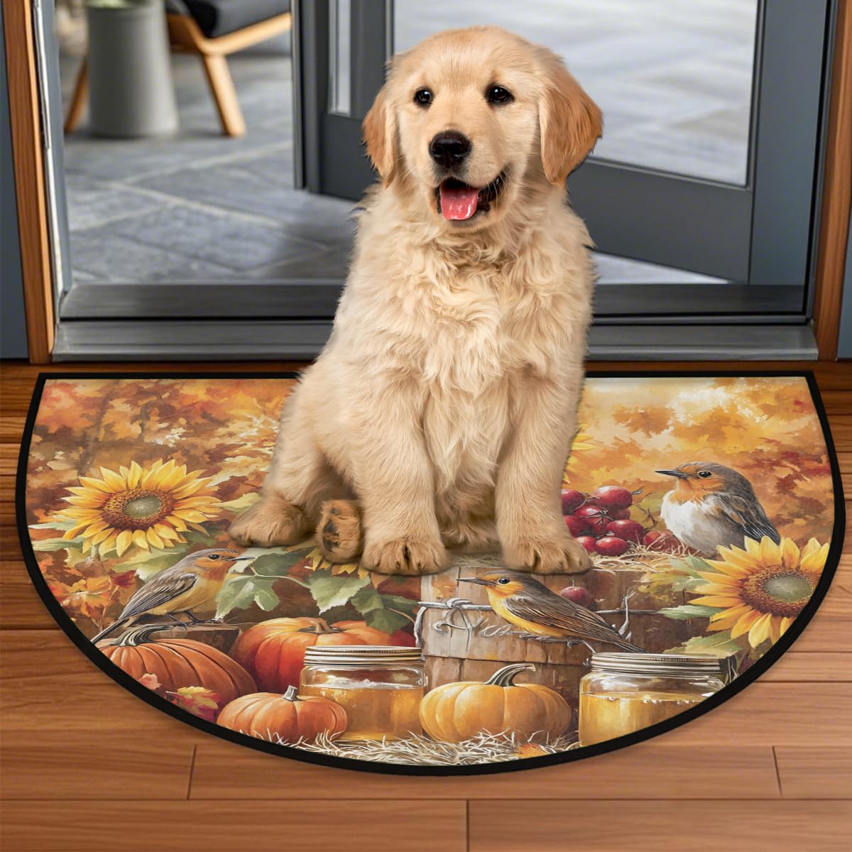 Half Round Door Mat Autumn Pumpkin Sunflower Bird Non (E 01)