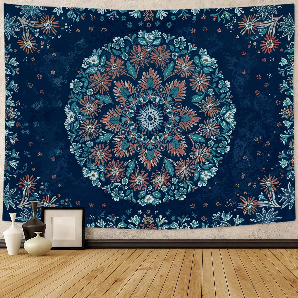 Boho Floral Mandala Tapestry Wall Hanging Blue Bohemian Flower Medallion Tapestry Aesthetic Vintage Navy Hippie Indian Large Tapestries for Bedroom Living Room Dorm Decor 80 x 60 Inch (Navy Blue / 80"L x 60"W)