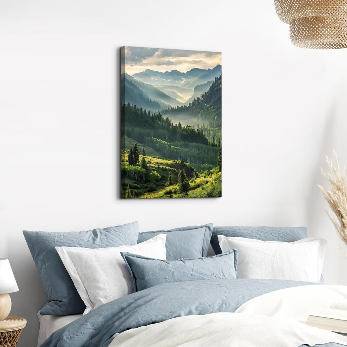Foggy Forest Wall Art Nature Mountain Landscape Canvas Pictures for Bedroom Misty Forest Scenery Pictures Wall Decor Evergreen Tree Painting Poster Green Botanical Artwork for Home Decorations 16x24" (24"L x 16"W / Misty Mountain)