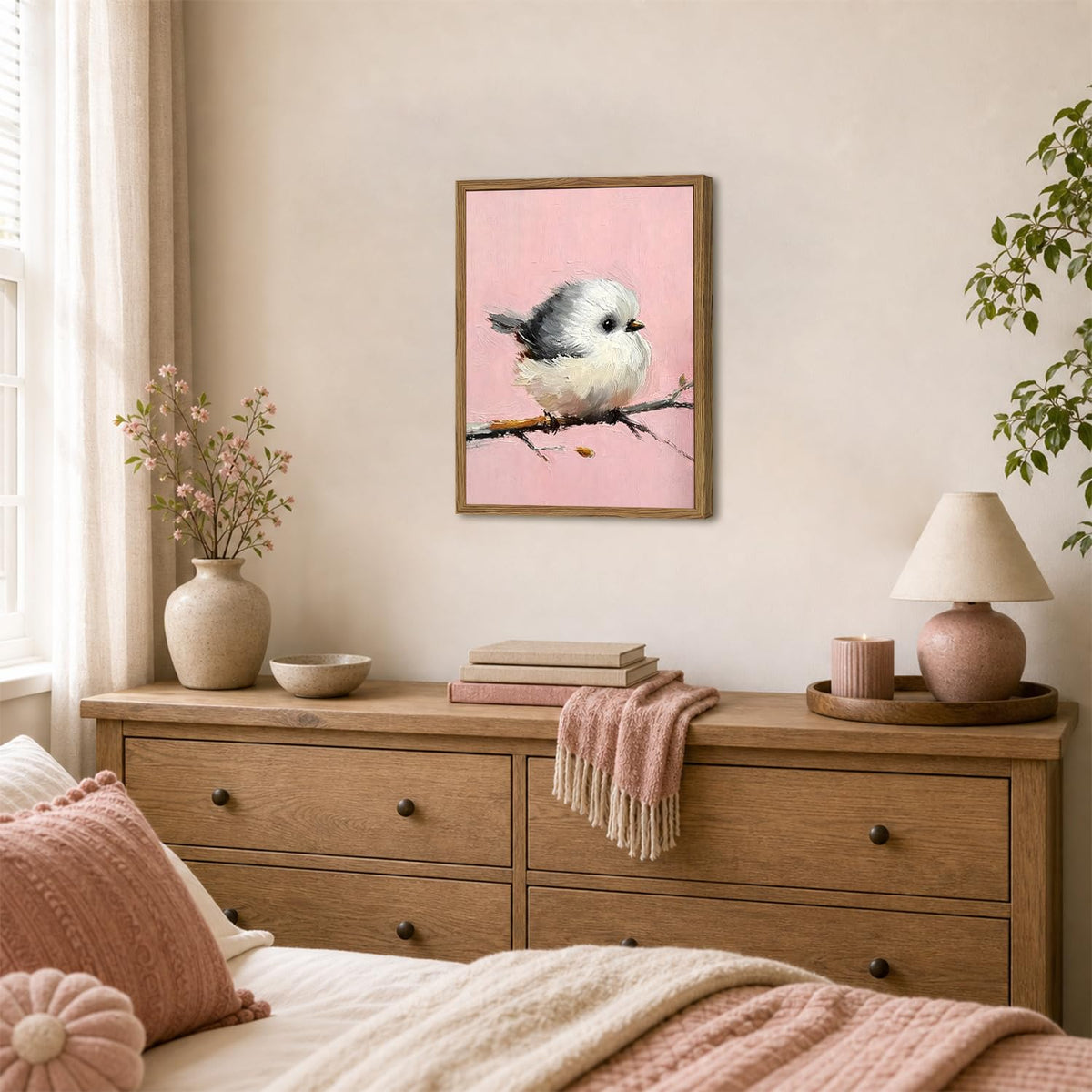 Cute Bird Wall Art Vintage Chickadee on Branch Wall Decor Picture Rustic Animal Poster Canvas Painting Print for Living Kids Room Bedroom 12x16 inch Wood Framed (Animal-M / 16"L x 12"W)
