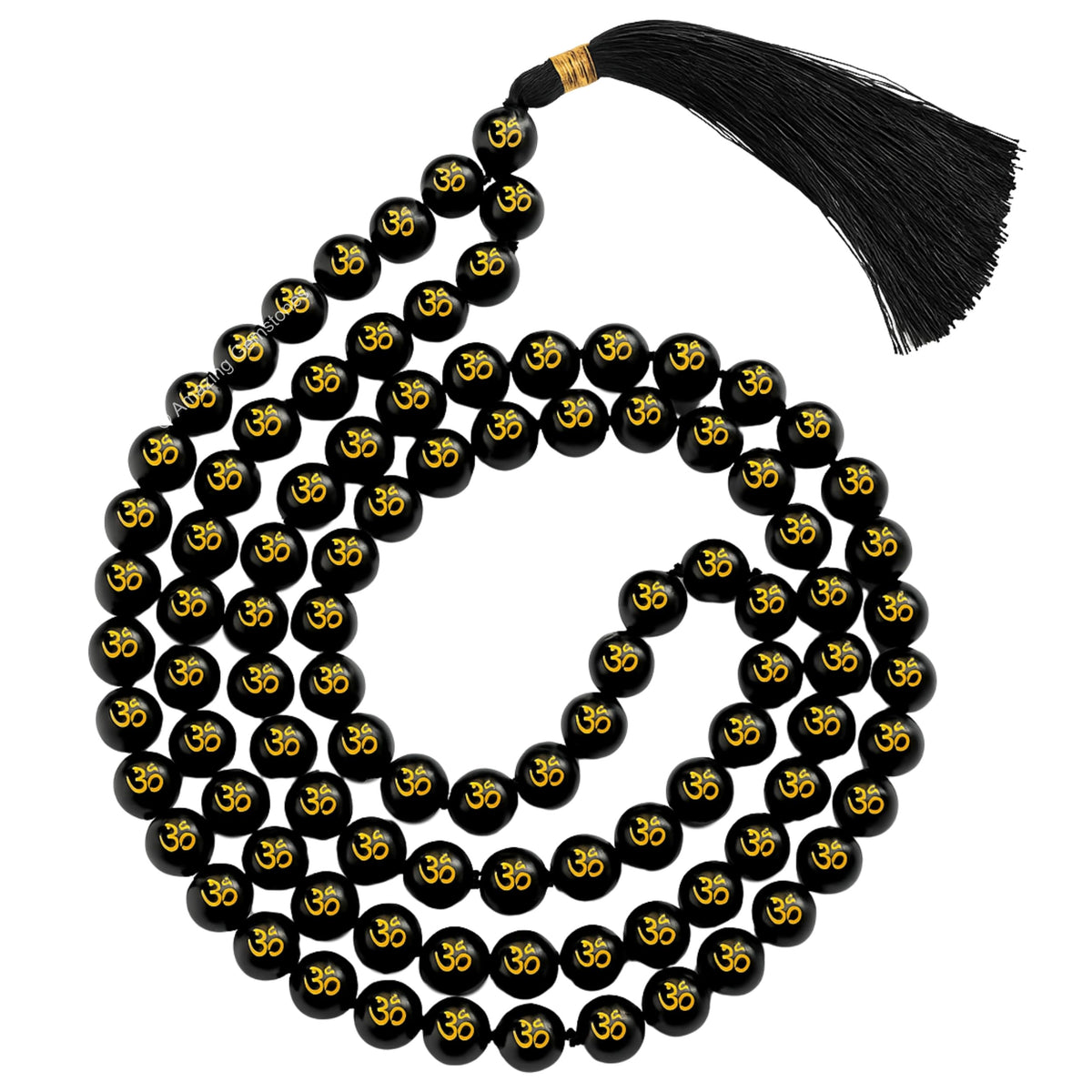 Black Agate Om Mala Beads (Om (Black Agate) / Plain)
