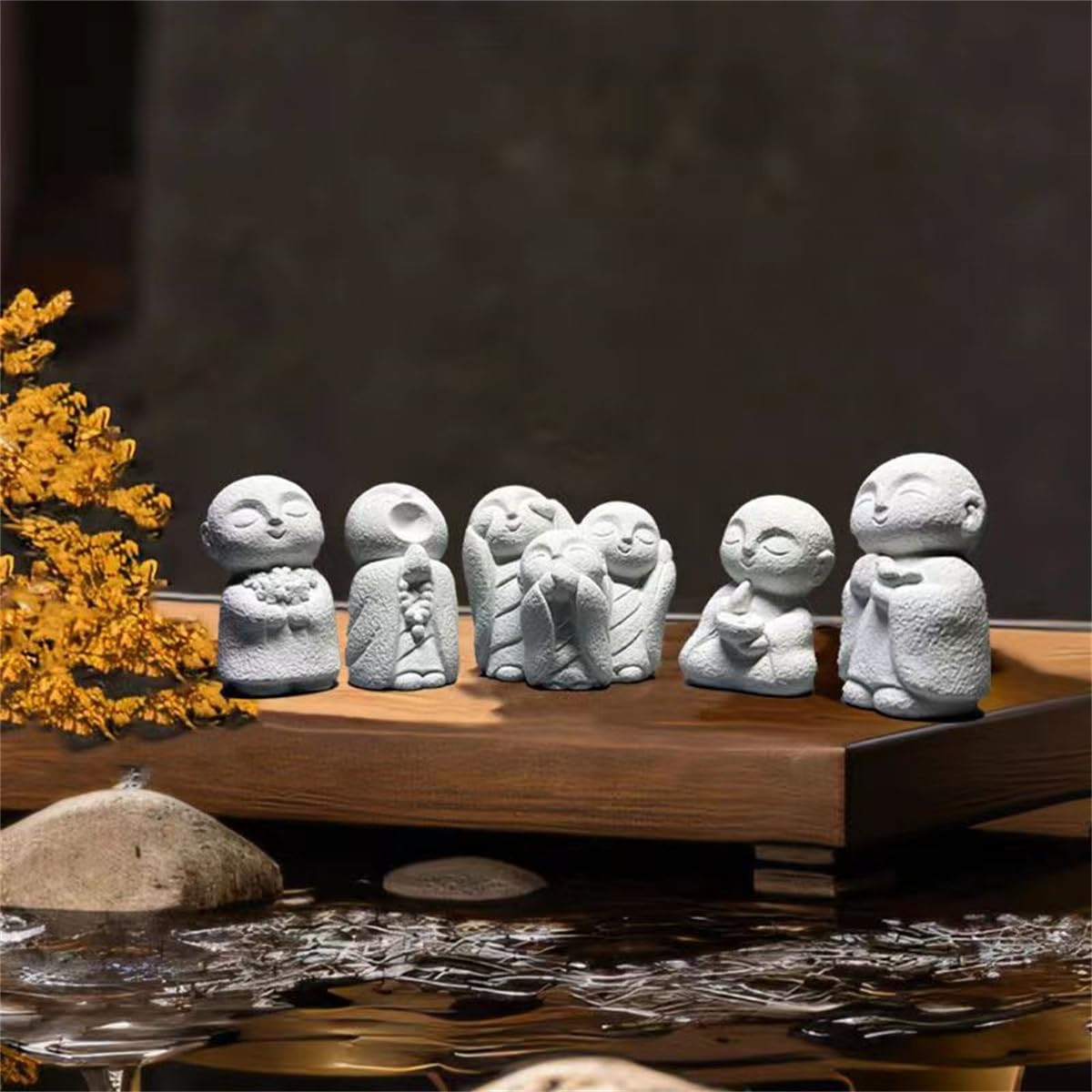 Japanese Monk Statue Praying Zen Sandstone Mini Buddha Statues Asian Garden Sculptures for Wealth Good Luck Feng Shui Home Decor (G)