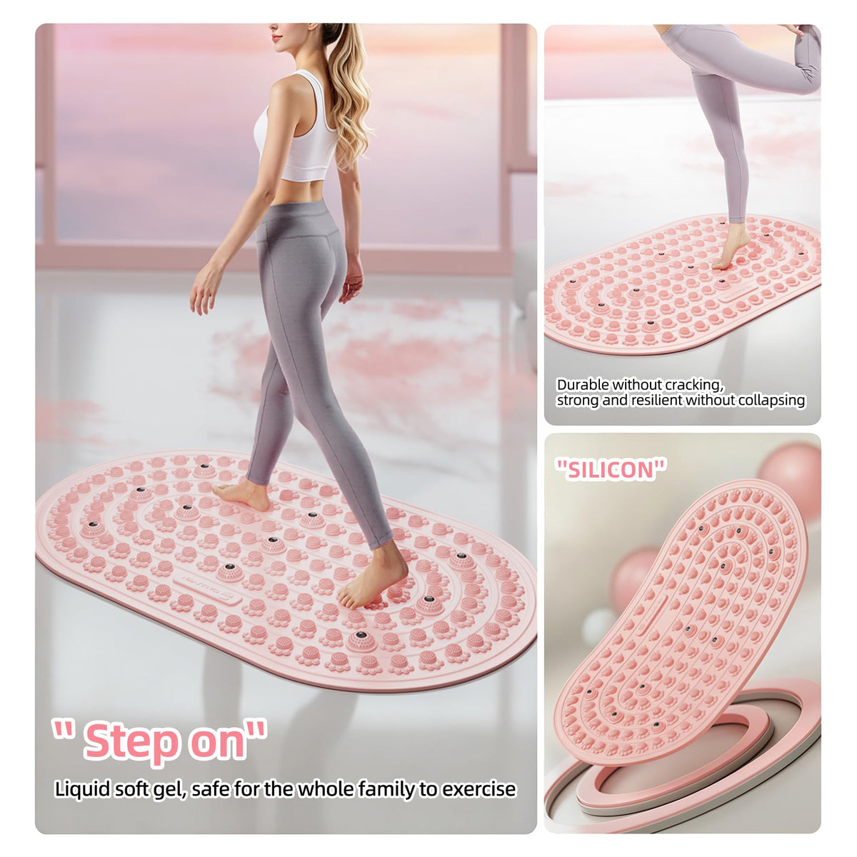 Reflexology Foot Massage Mat Acupressure Magnetic Walk Stone Pad Portable Foldable Feet Pressure Point Massager for Plantar Fasciitis Relief Home Office Pain Relief for Men Women (Pink)