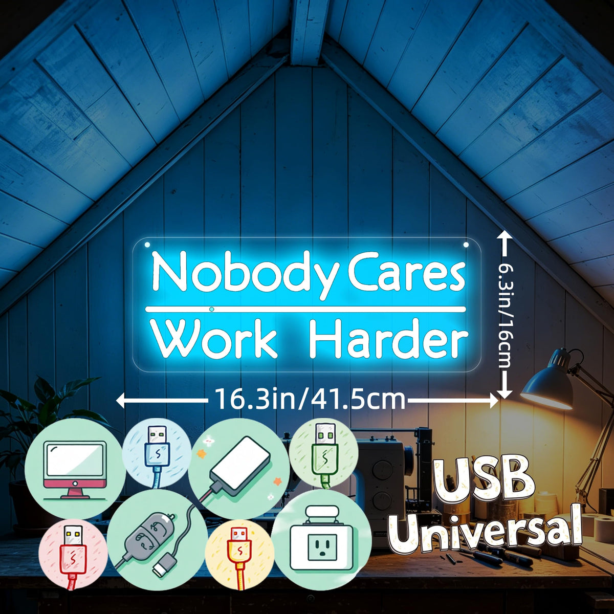 Nobody Cares Work Harder Neon Sign Motivational Wall Decor (Nobody Cares-Ice Blue)