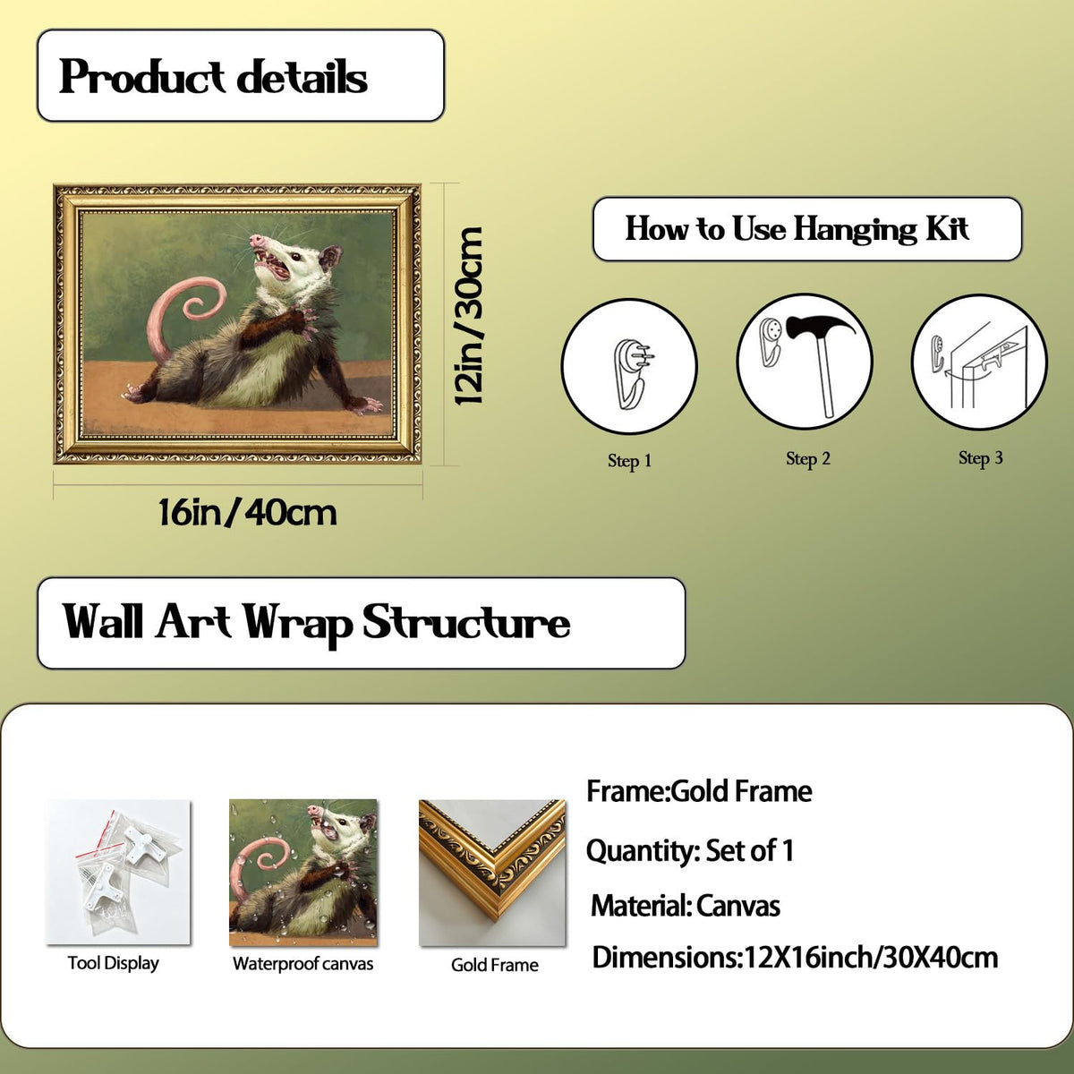 Gold Framed Funny Opossum Wall Art (Gold Framed-B / 16"L x 12"W)