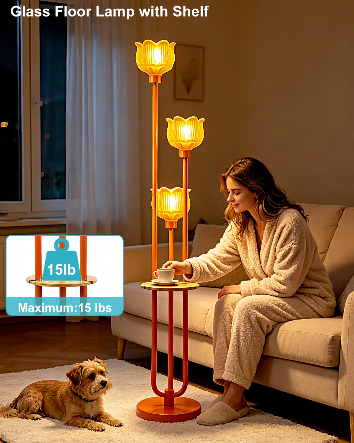 Orange Floor Lamp with Yellow Glass Shade (Orange-3UB1)