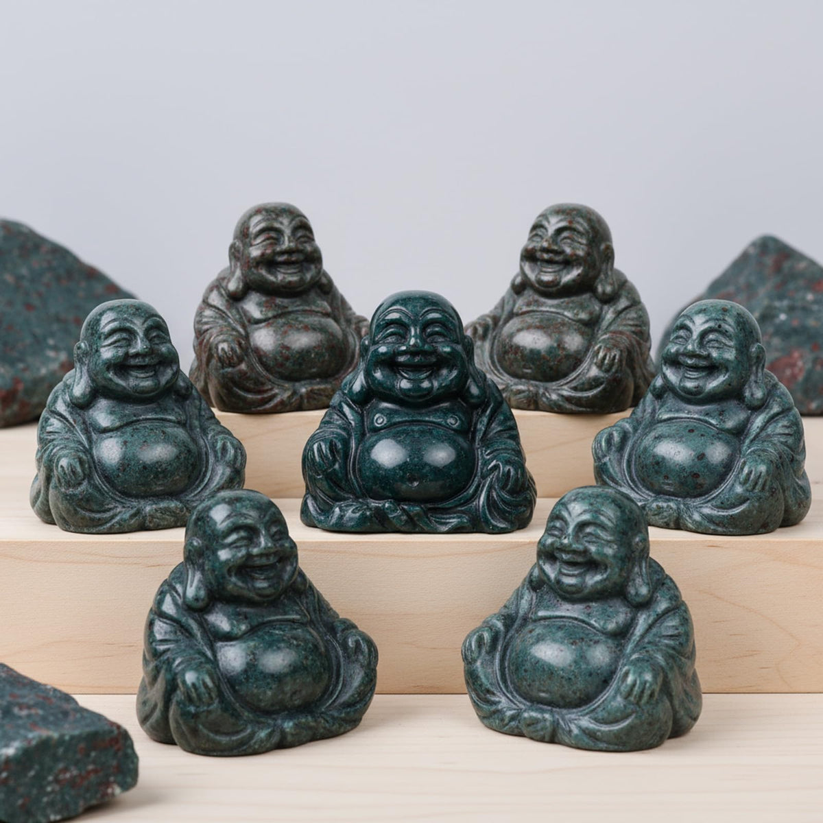 2 Inch Crystal Happy Buddha Statue Hand Carved Laughing Feng Shui Figurines for Good Luck Wealth Happiness Home Decor Gifts (2 inch / Ocean Jasper)