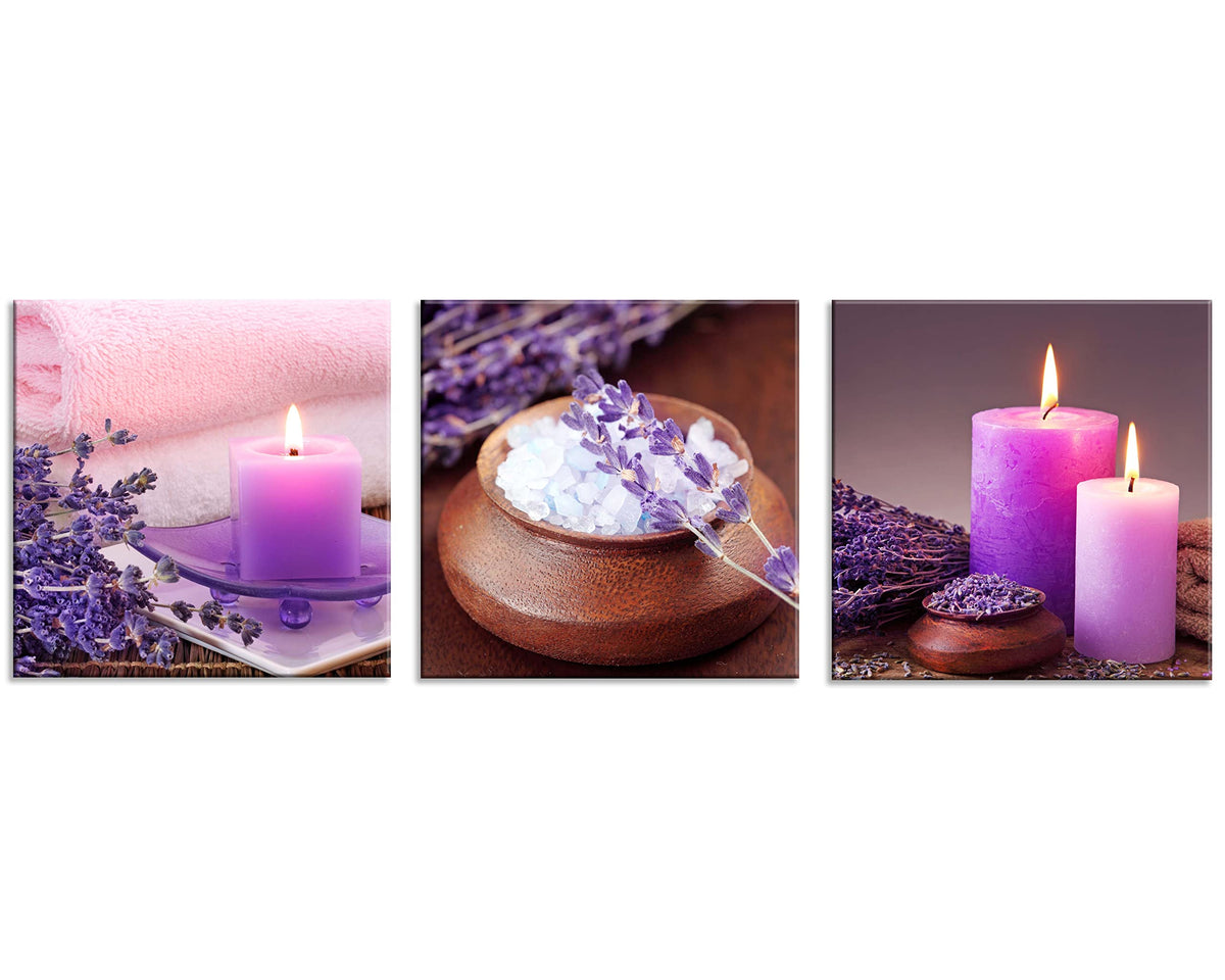 Zen Canvas Wall Art Spa Still Life with Purple Aromatherapy Candles and Zen Stone Aroma Lavender Flower Painting Pictures Print on Canvas Ready to Hang for Bathroom Decoration (14X14inchX3pcs / aromatherapy)