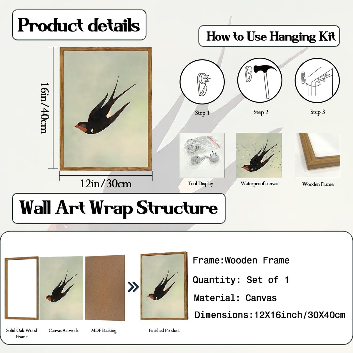 Framed Vintage Bird Wall Art (Black Swallow / 16"L x 12"W)