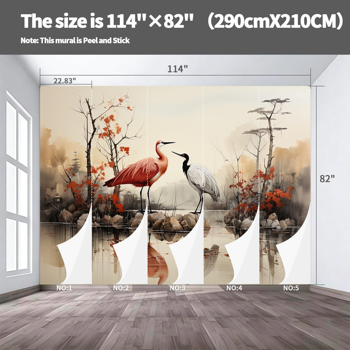 Peel and Stick Wall Mural Wallpaper Crane 114"×82" Decor G12 (G12 / 114" x 82")