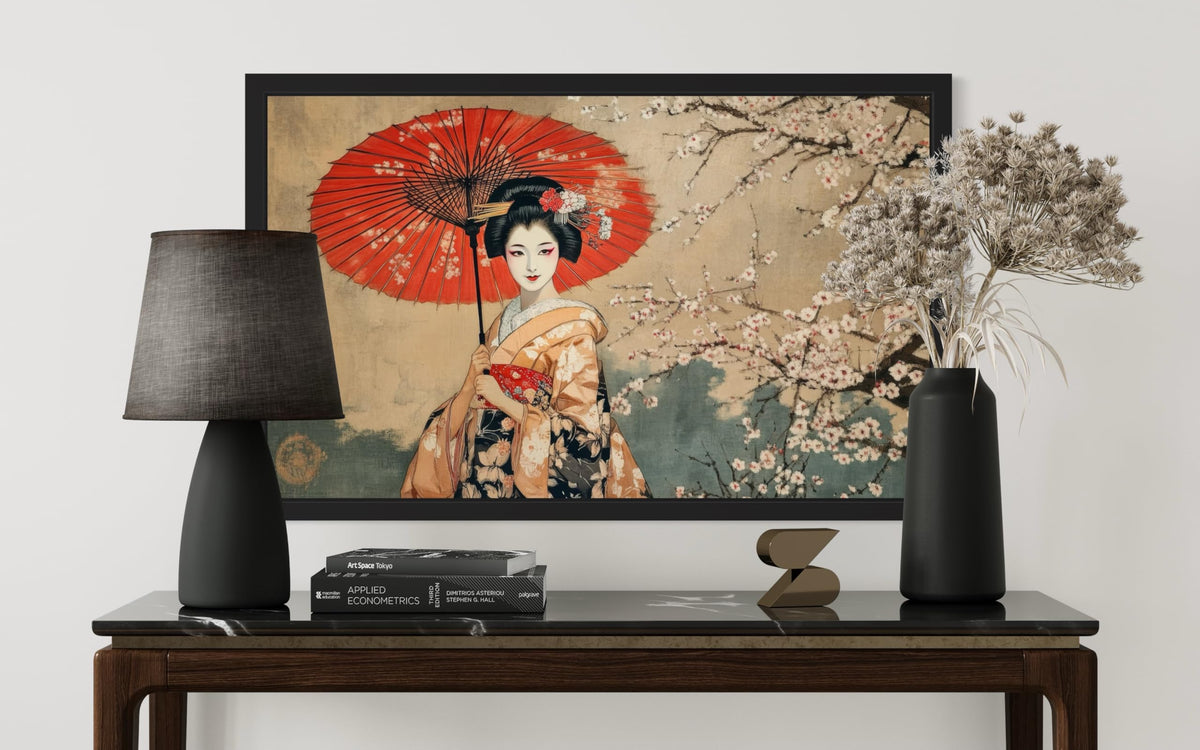 Geisha and Cherry Blossoms Black Framed Wall Art Print Poster (Geisha and Cherry Blossoms / 24"L x 18"W)