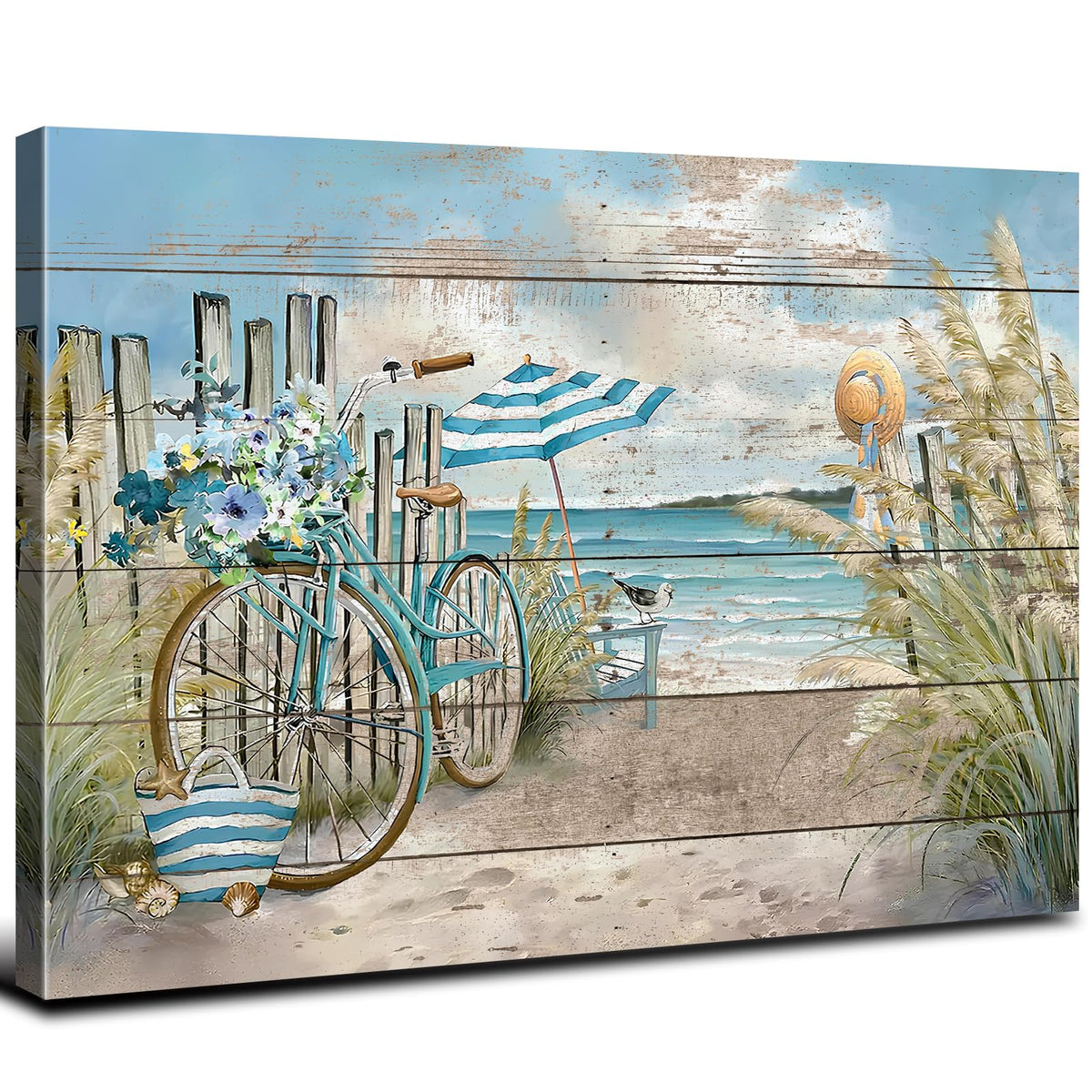 Beach Wall Art Seaside Bicycle Canvas Prints Pictures for Bathroom Decor Ocean Coastal Landscape Wall Decor Nautical Blue Seascape Painting Artwork for Kitchen Living Room Home Decoration 24x36" (36"L x 24"W / Seaside Bicycle)