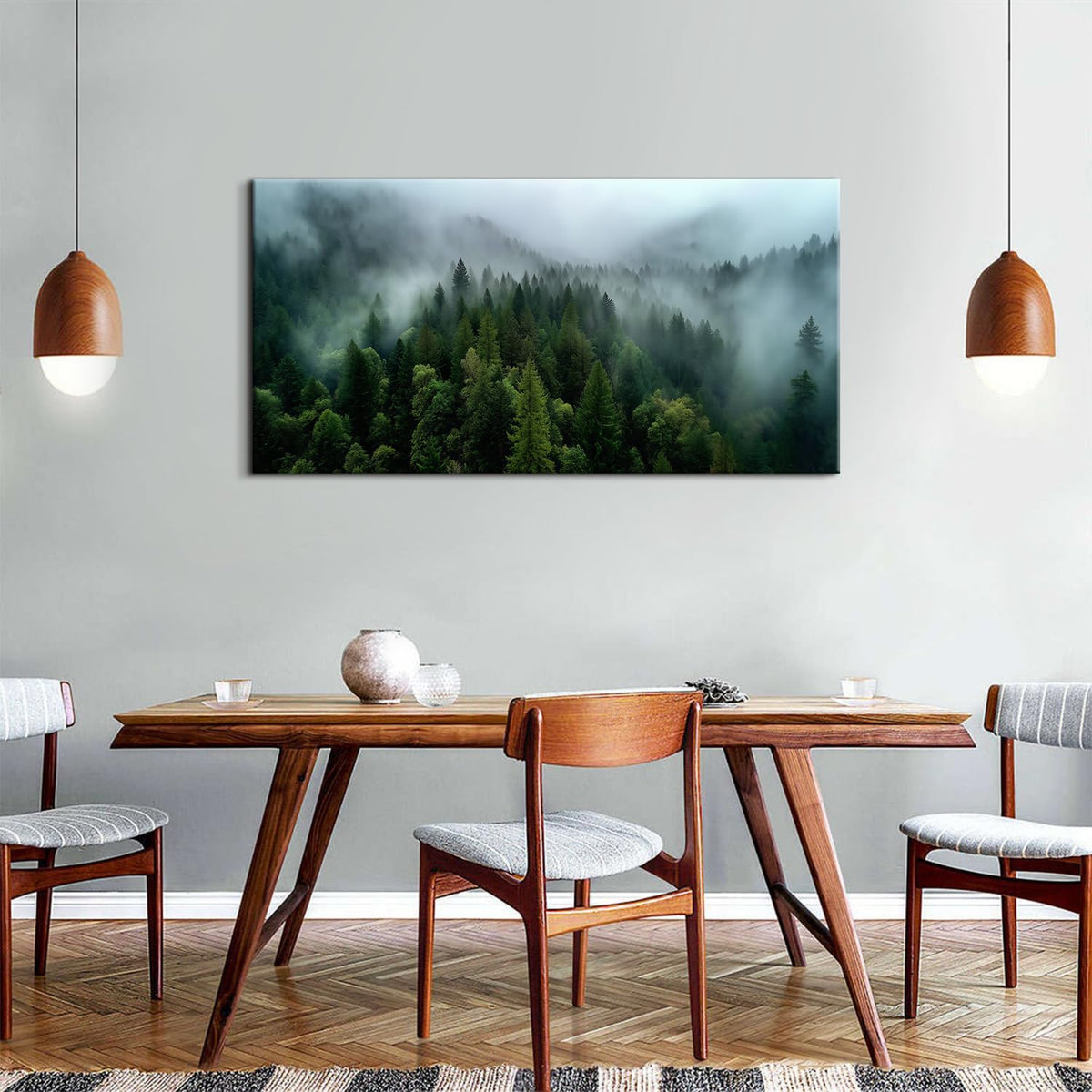 Misty Forest Wall Art Green Nature Landscape Canvas Picture Great Smoky Mountain Wall Decor for Living Room Bedroom Blue Ridge Foggy Scenery Prints Pine Trees Painting Office Home Decorations 24x48" (48"L x 24"W / Green Forest)