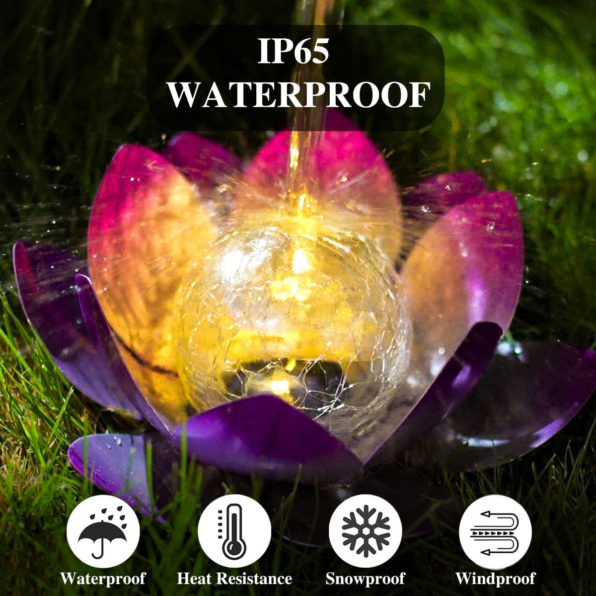 Solar Light Outdoor Decor Art Crackle Globe Glass Lotus Decoration (Purple)