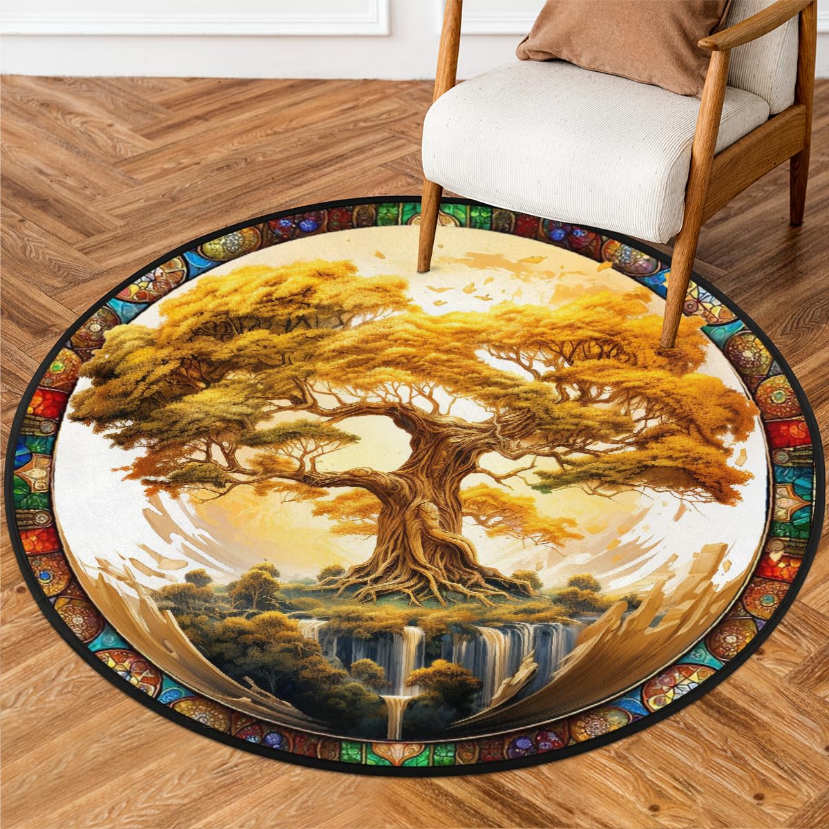 5 Ft Tree Golden Round Rug Circle Area Rugs Circular Door Mat for Indoor (Color38 / 5'3" (Round))