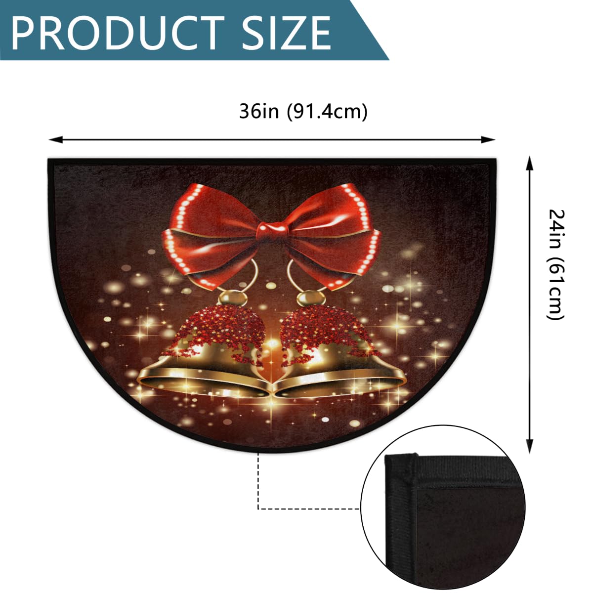 Christmas Red Bells Xmas Half Round Door Mat Outdoor Entrance Large 24"x36" Half Circle Welcome Entrance Way Mat Semi Circular Front Door Mat Area Rug for Garage (G 02)
