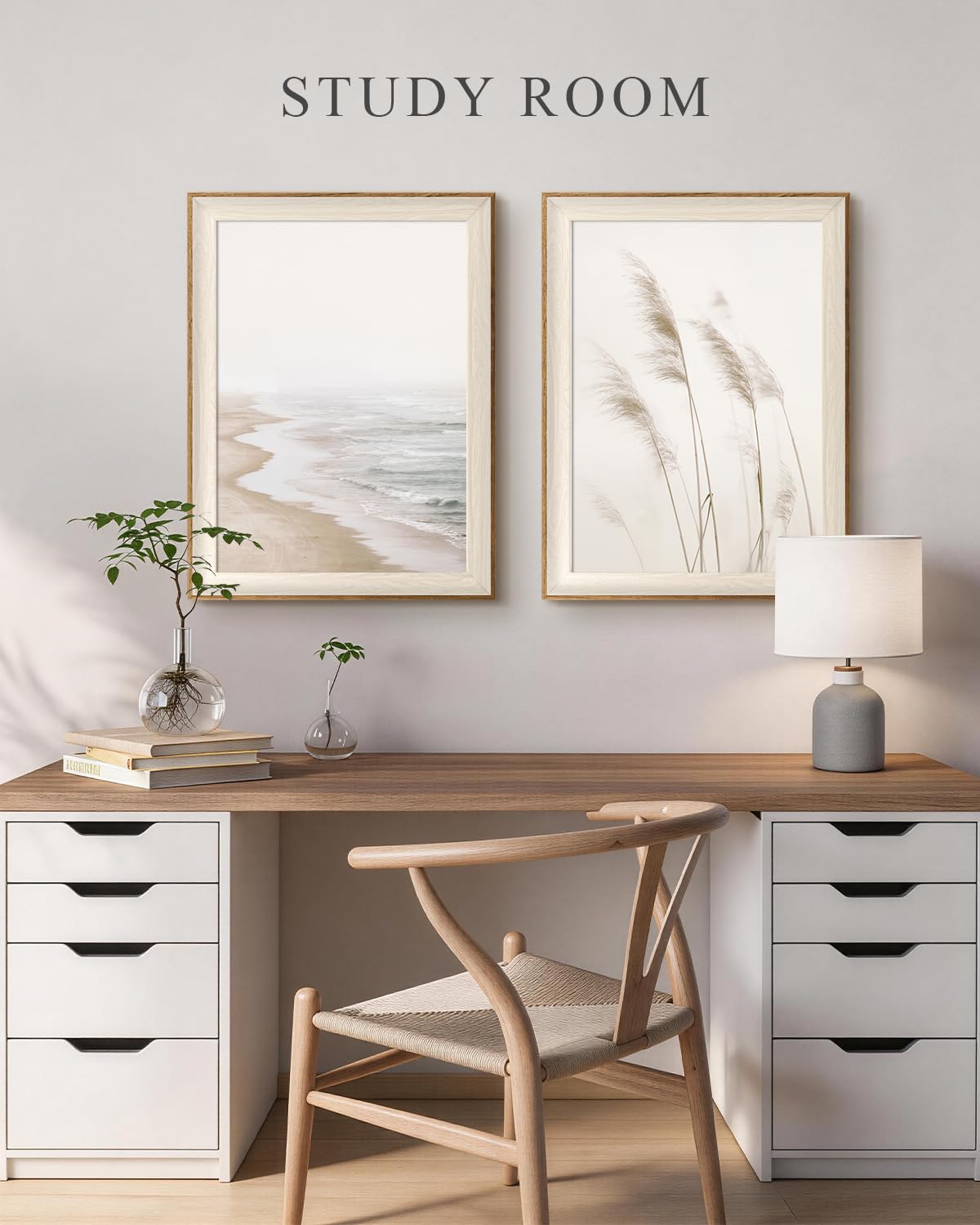 Framed Coastal Beach Landscape Nature Wall Art Set (Reed Coast / 16"L x 12"W)