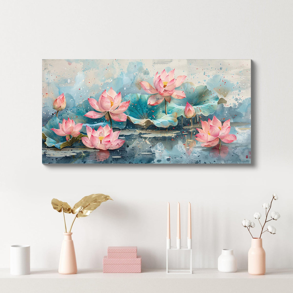 1Pcs Vintage Pink Lotus Flowers Watercolor Canvas Wall Art Print Serene Pond Scenery Blooming Lotuses Teal Leaves Color Splashes Tranquil Floral Nature Pictures for Home Decor Ready to Hang (Pink Lotus-One Piece / 24"L x 12"W)