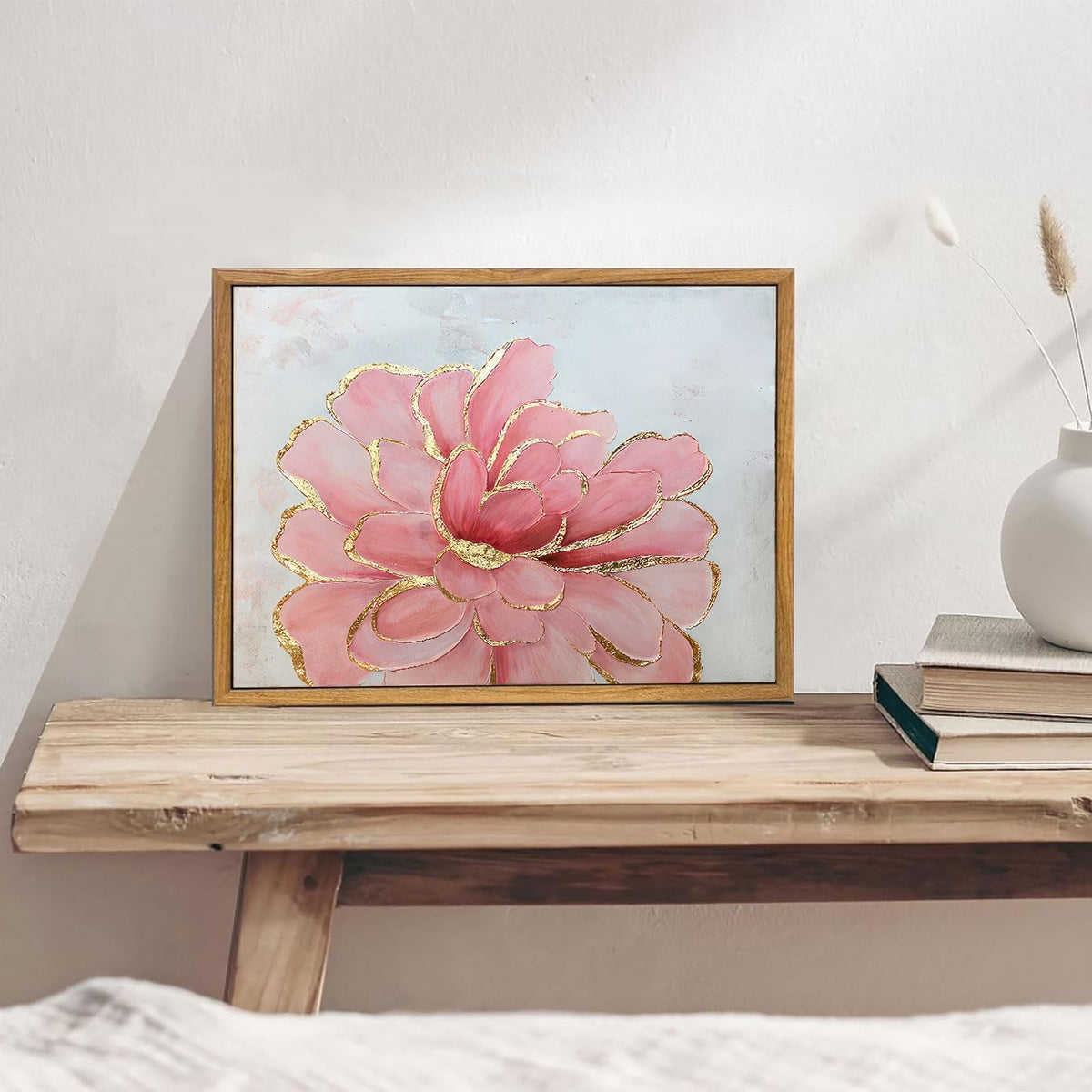 Framed Pink Peony Flower Canvas Wall Art Modern Pink and Gold Floral painting Decor Pictures Abstract flowering Posters Prints for Corridor Living Classroom Bedroom Woman Room Decoration (Flower / 24"L x 16"W)