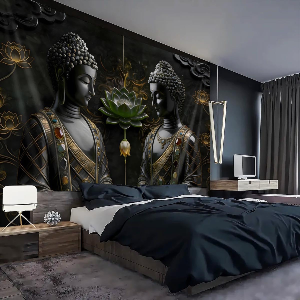 Black Vintage Sitting Buddha Tapestry Wall Hanging Buddhist Statue Tapestries Green Lotus Meditation Wall Decor Psychedelic Indian Zen Art for Bedroom Living Room Home Decor (Black2 / 79"L x 59"W)