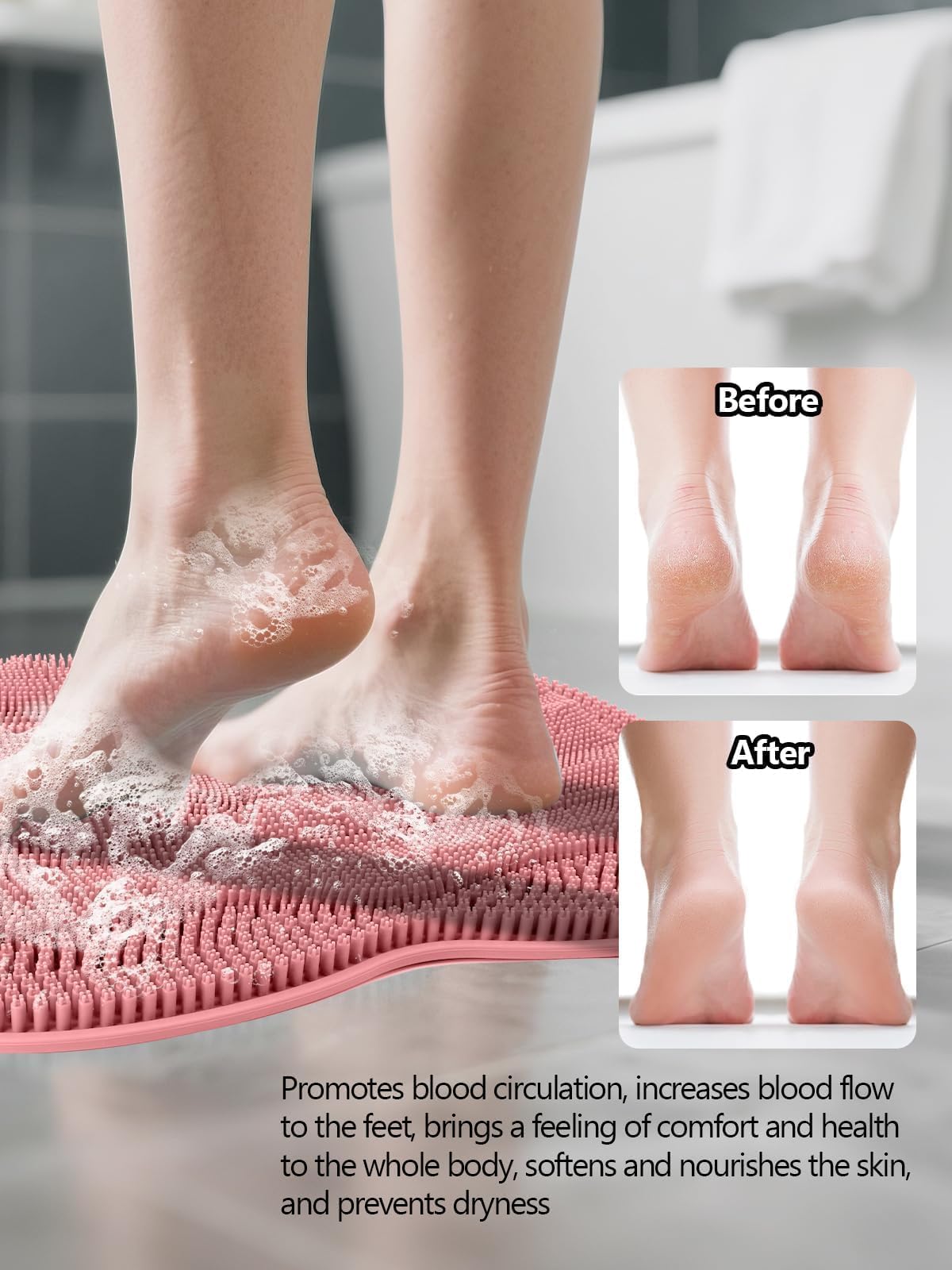 Silicone Shower Foot Scrubber Mat with Non Slip Suction Cups (Pink)