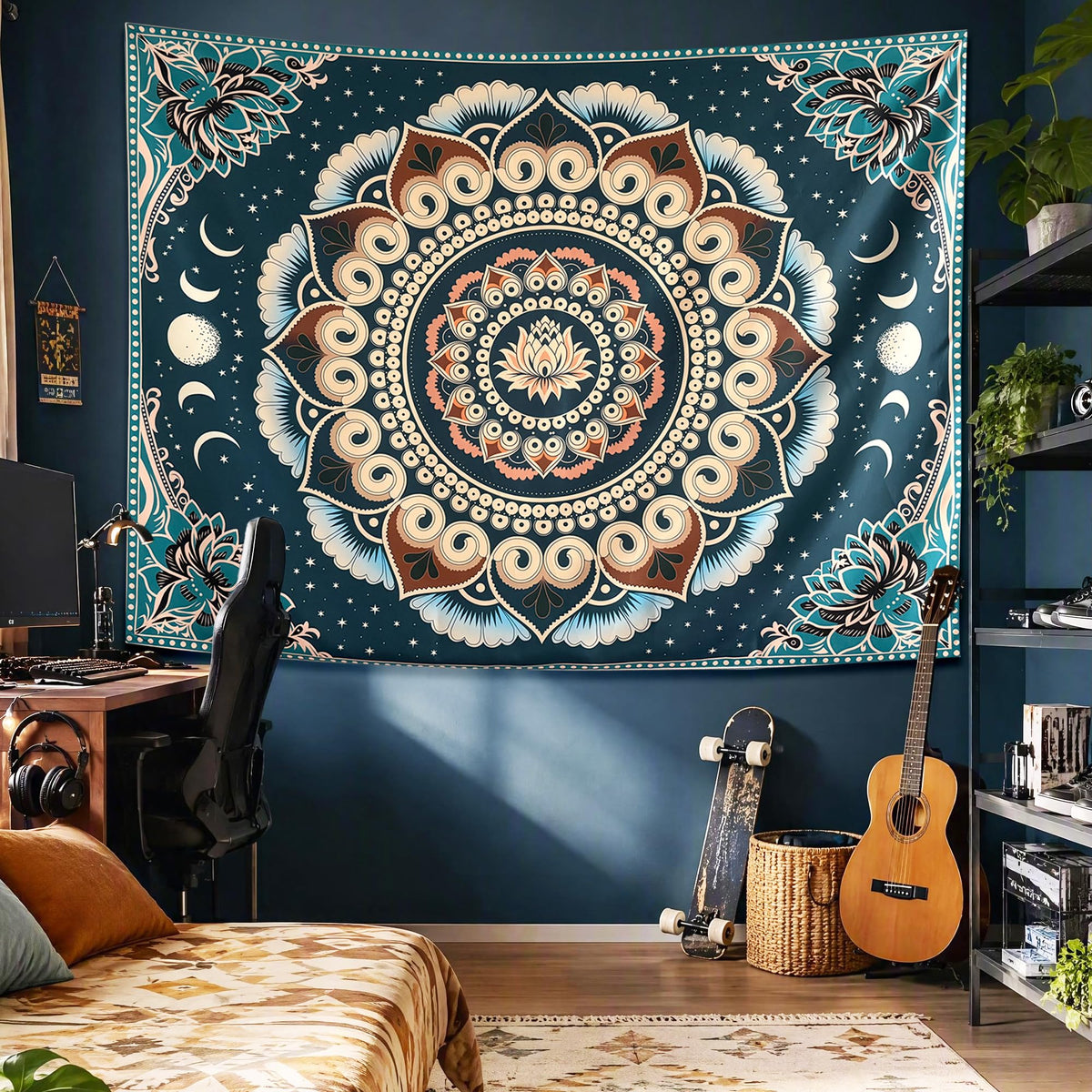 Blue Boho Lotus Mandala Tapestry Wall Hanging for Bedroom 60 x 44 Inch (Blue / 60"L x 44"W)