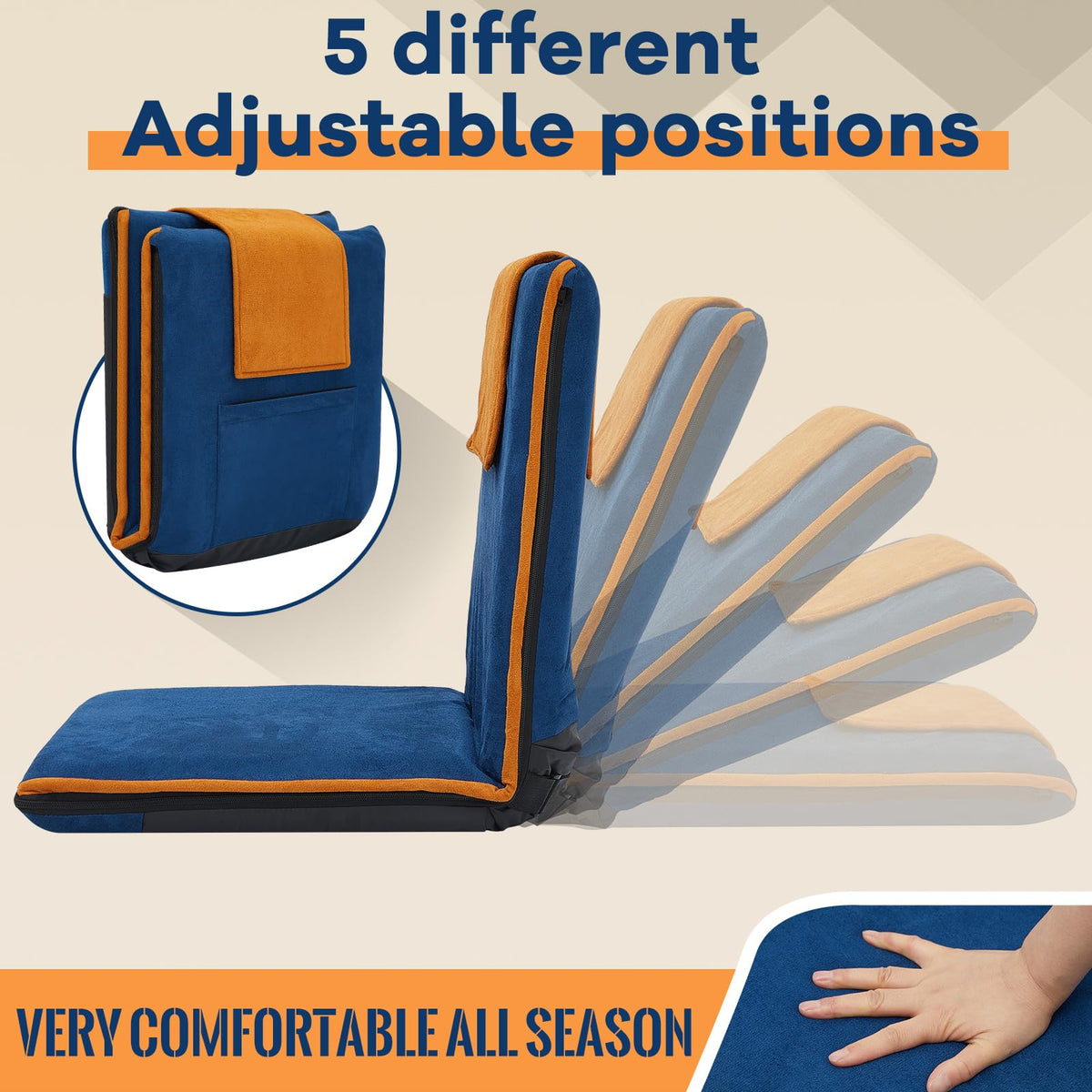 2 Pcs Floor Chair with Back Support Padded Floor Seating Portable Floor Seat Meditation Cushion Adjustable Fully Folding Backrest for Adult Kid Gaming Linen Washable Cover (Blue, Khaki)