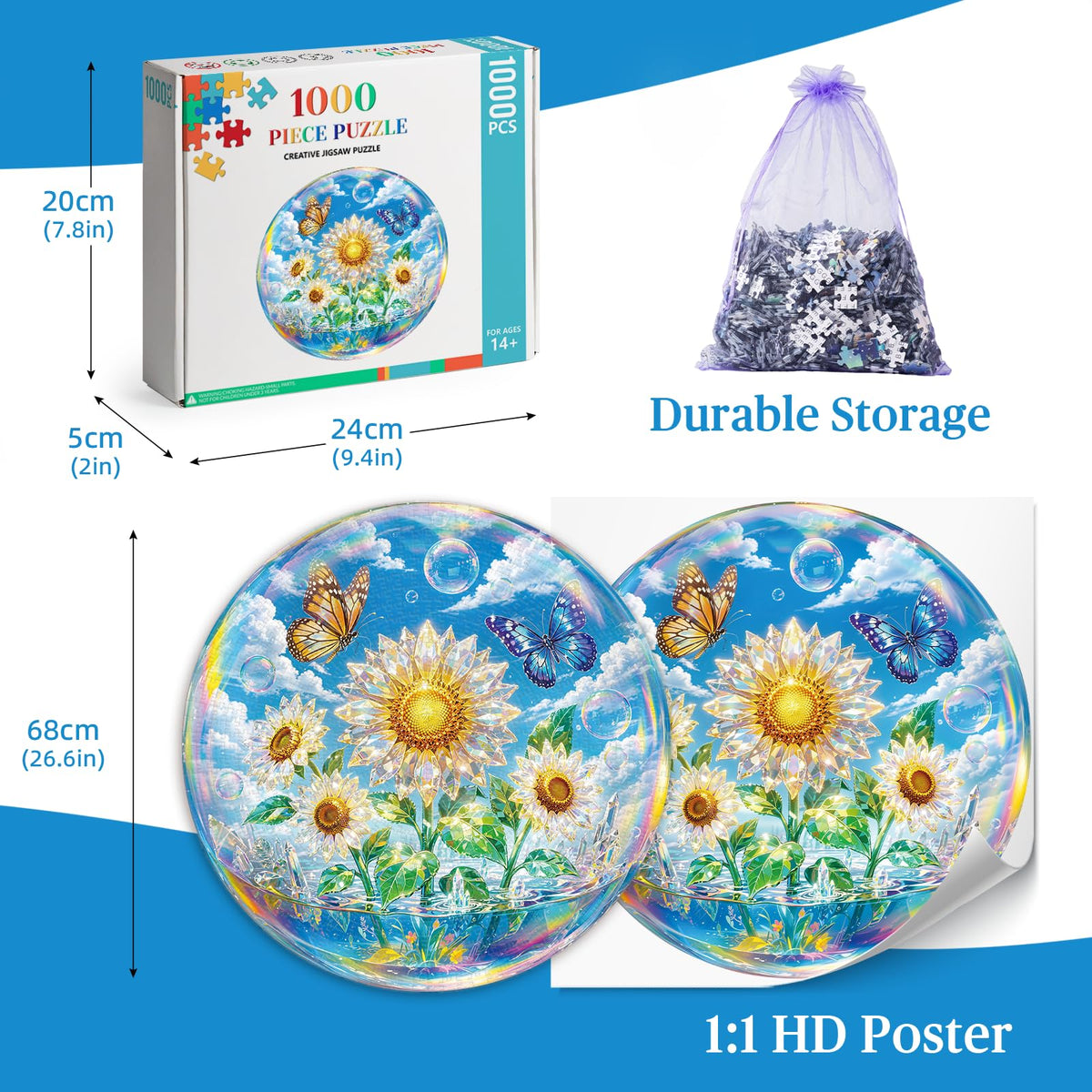 1000 Piece Jigsaw Round Puzzle for Adults (F-sunflowers & Butterflies)