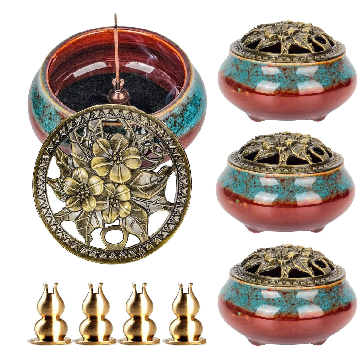 4 Pcs Ceramic Incense Burner with Copper Lid Metal Incense Holder Lotus Cone Burner for Sandalwood Palo Santo Sage Cones Meditation Yoga Spa Gifts Room Decor (Blue)