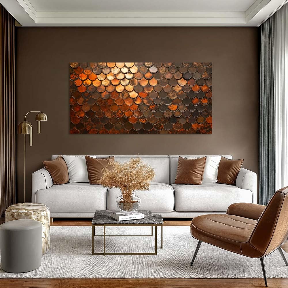 Rustic Copper Scale Canvas Wall Art Abstract Geometric Faux Metallic Texture Painting Flat Print Gallery Wrapped Industrial Artwork for Living Room Bedroom Bathroom Decor (Abstract / Orange Fish Scales 35 / 46"L x 23"W)