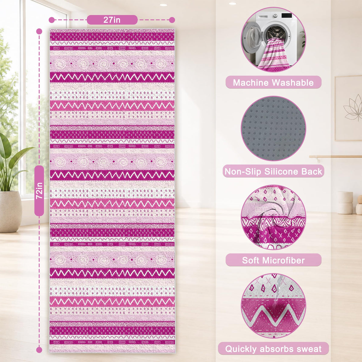 Yoga Towel Absorbent Yoga Mat Towel for Hot Yoga Non Slip (Pink Triangle Geometry / Casual)