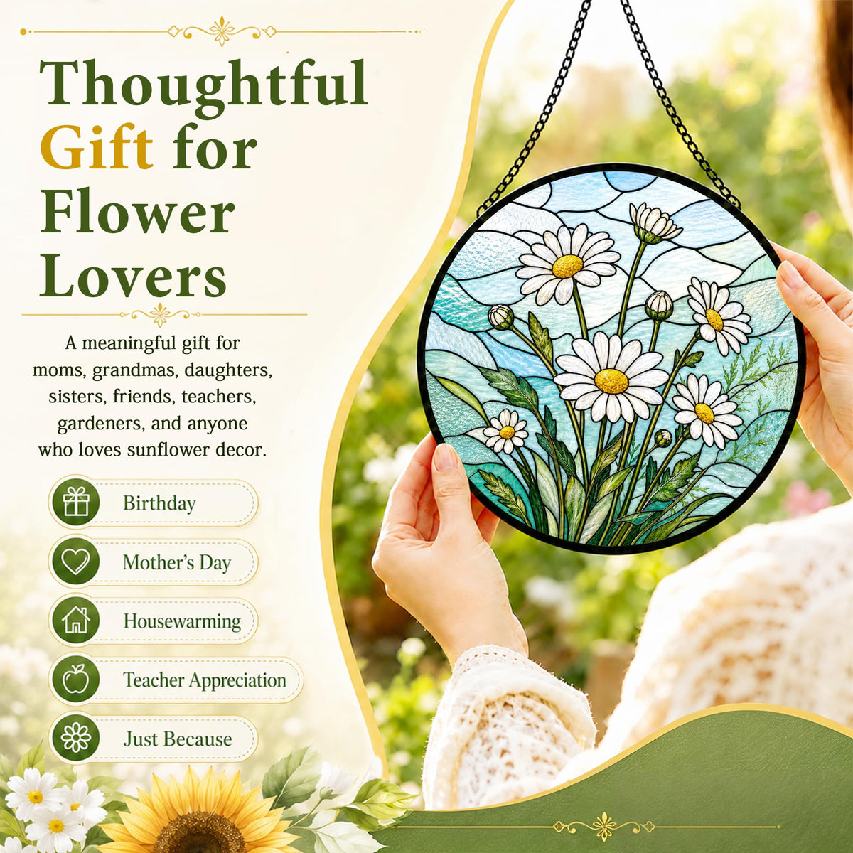 Daisy Gifts for Women Suncatcher Stained Glass Window Hanging 9.8in (Daisy / 9.8 x 9.8 IN)