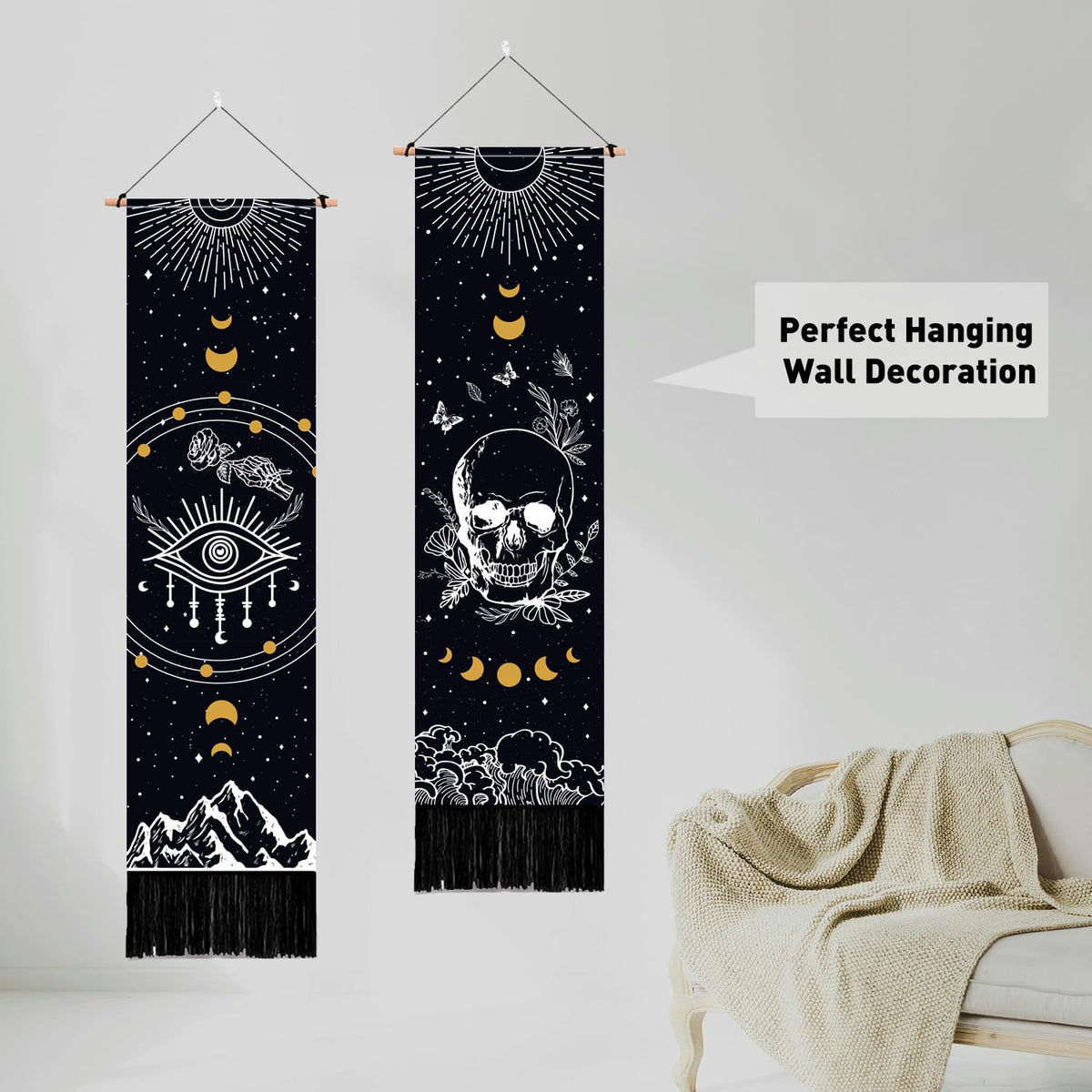 2 Pack Moon Phase Tapestry with Tassels (black,yellow)