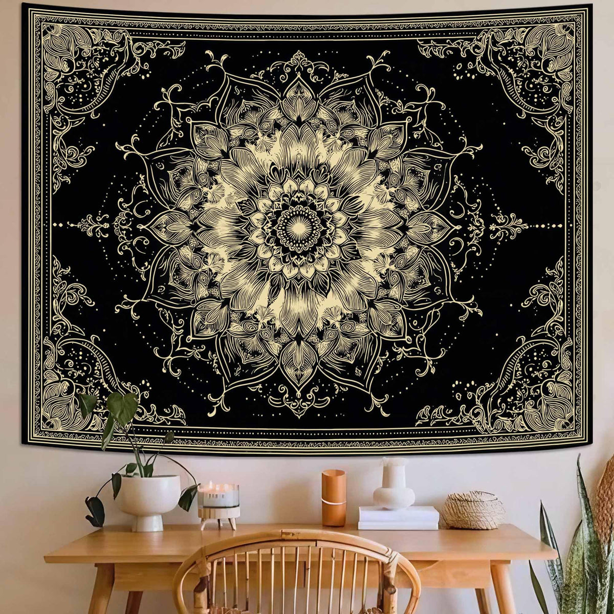 Golden Outline Mandala Tapestry (80"L x 60"W / Red)