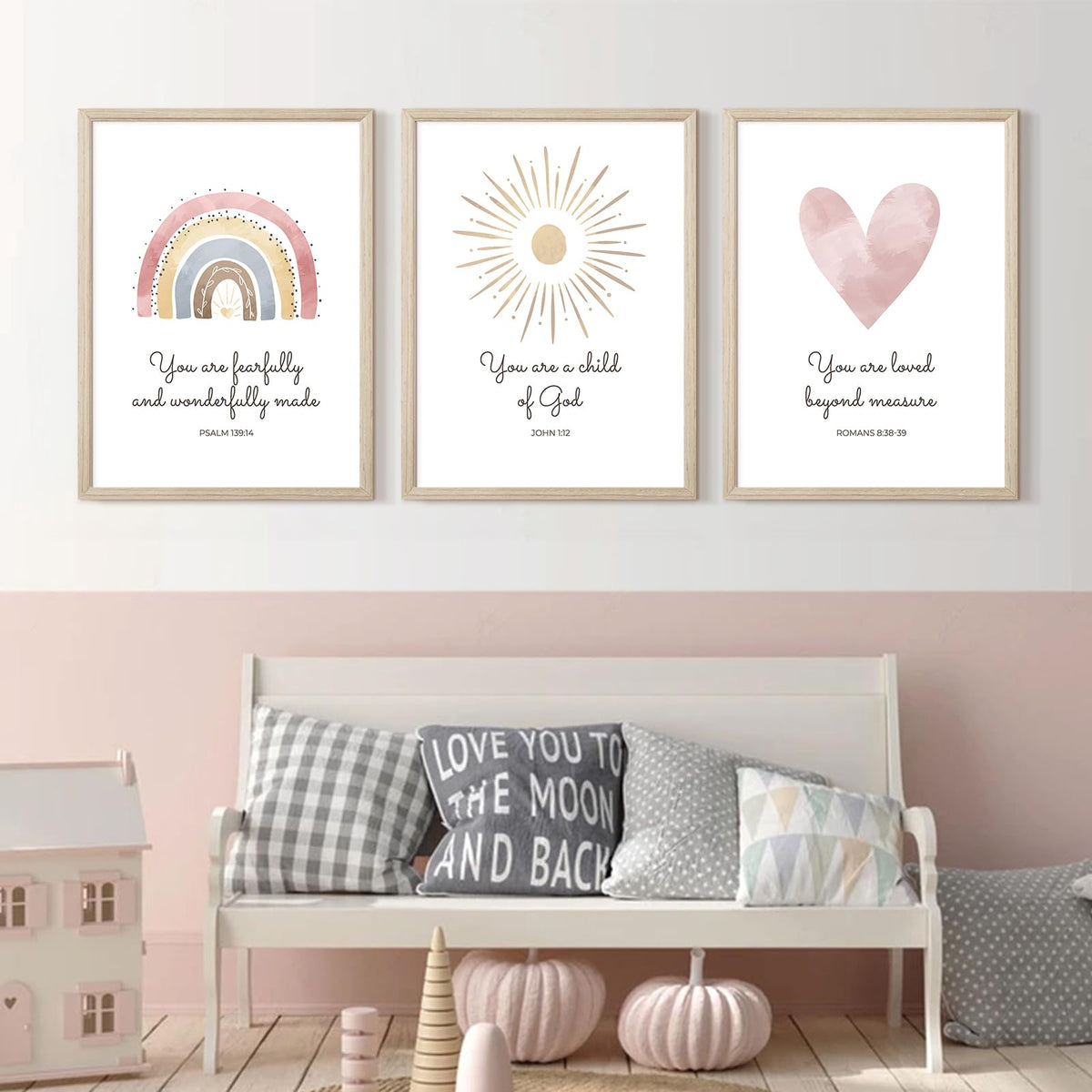 Boho Nursery Wall Art 3 Pieces Bible Verse Nursery Art Christian Girls Nursery Wall Art Heart Rainbow Sun Nursery Art Print Boho Sunshine Decor for Girl Baby Kid Room Decor 12x16 Inch Wood Framed (Boho Nursery Prints / 12x16 Inch Framed)