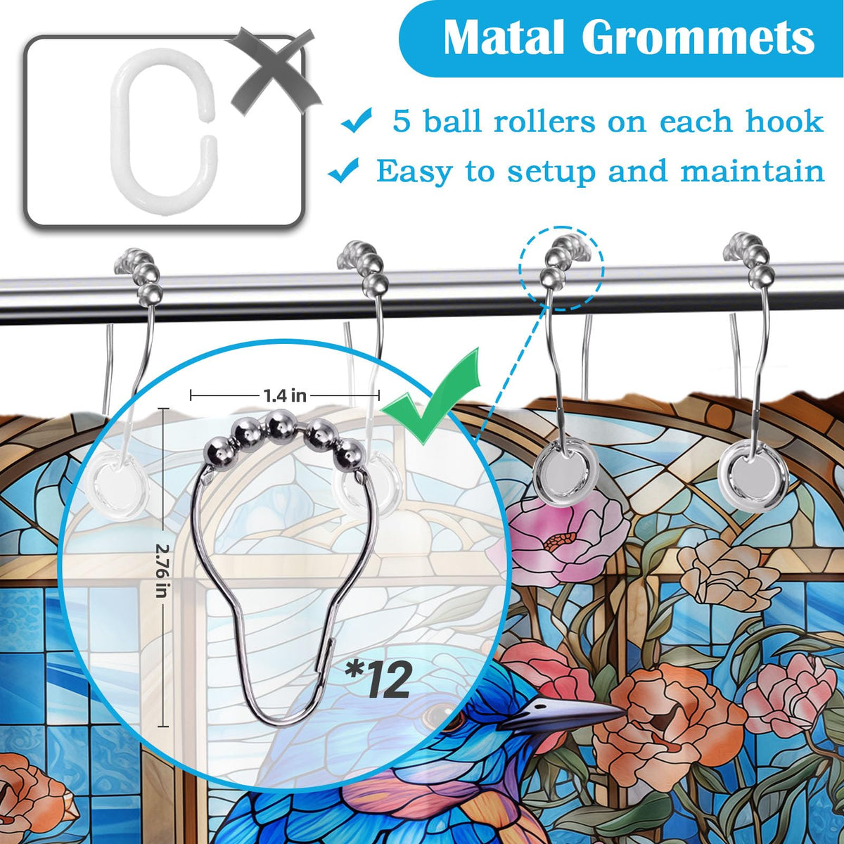 Stained Glass Shower Curtain Bird Floral Art Deco Shower Curtains for Bathroom Decor Sets (Stained Glass Bird / 60"W x 72"L (Pack of 1))