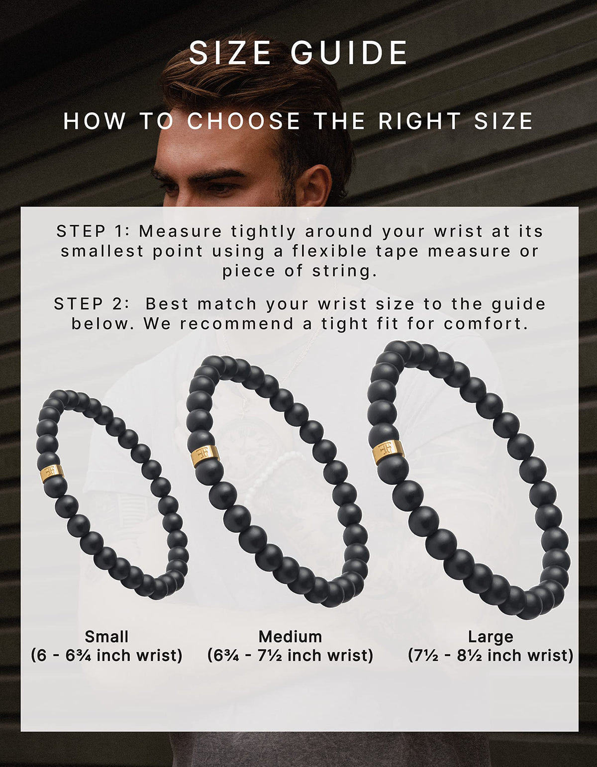 Andalus Men's Matte Black Solid Onyx Beaded Bracelet (6mm Gold / Large)
